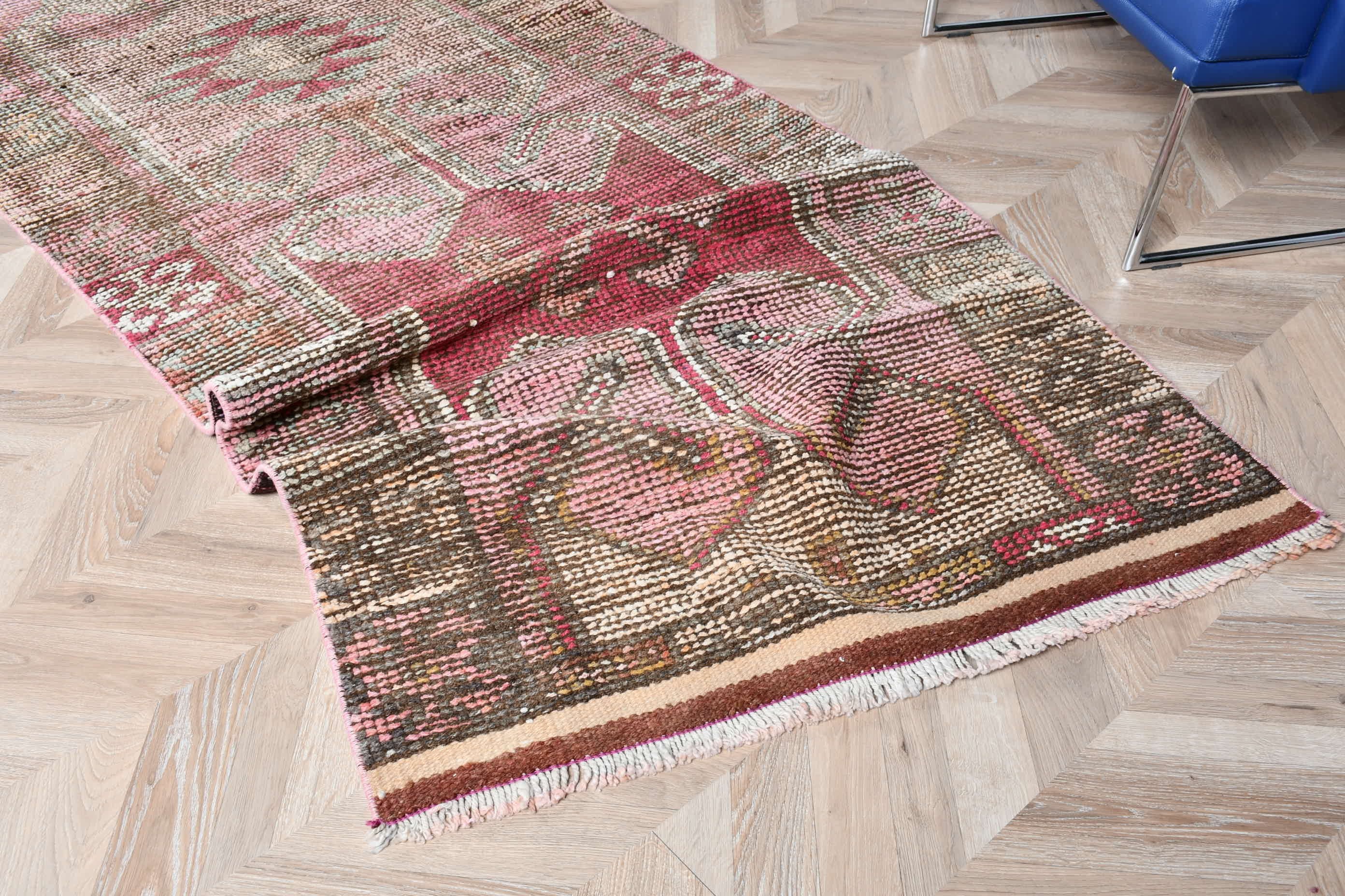 Pink  3.2x10.2 ft Runner Rugs, Hand Knotted Rug, Moroccan Rug, Rugs for Hallway, Vintage Rug, Turkish Rug, Kitchen Rugs