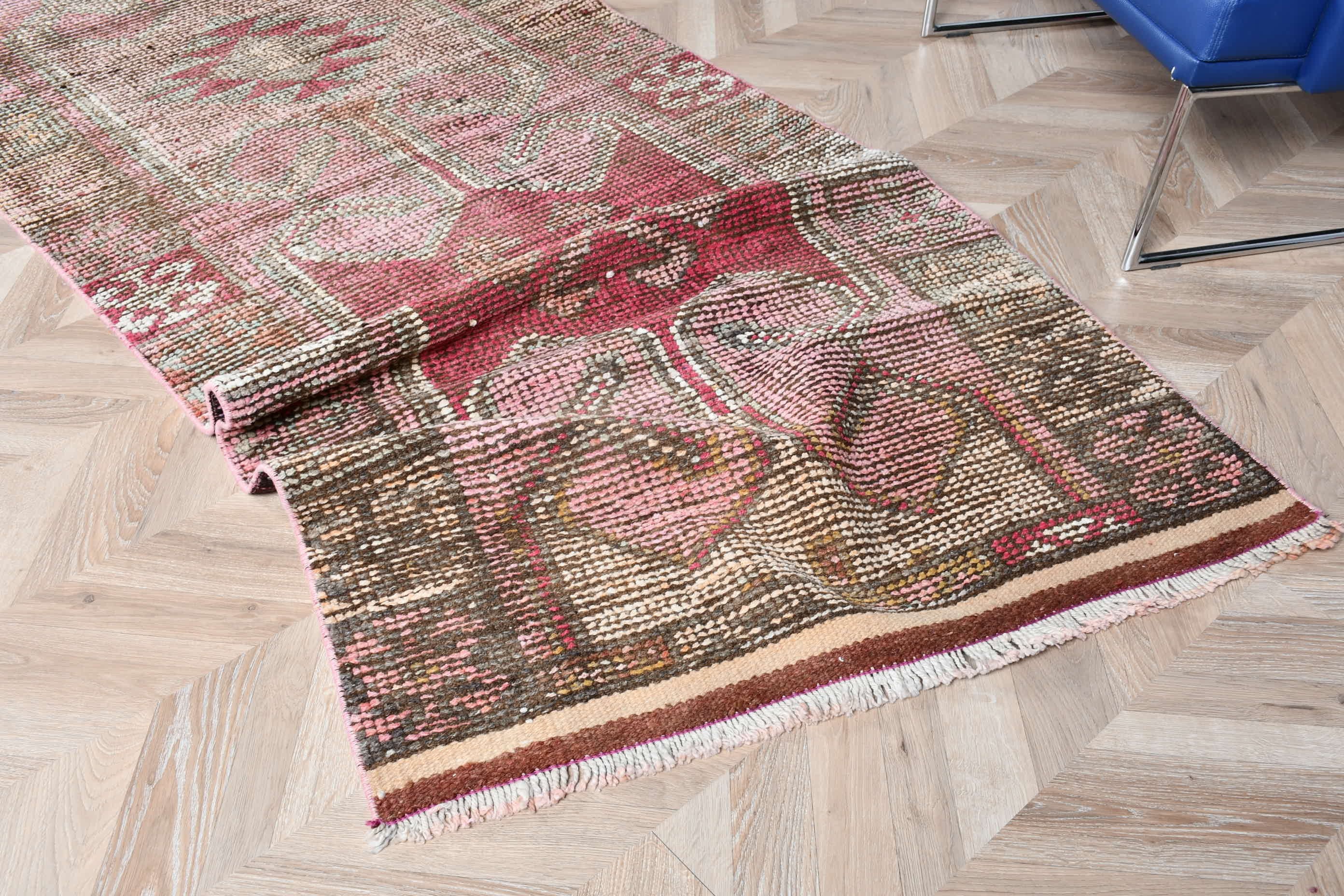 Pembe 3.2x10.2 ft Runner Halıları, El Düğümlü Halı, Fas Halısı, Koridor Halıları, Vintage Halı, Türk Halısı, Mutfak Halıları