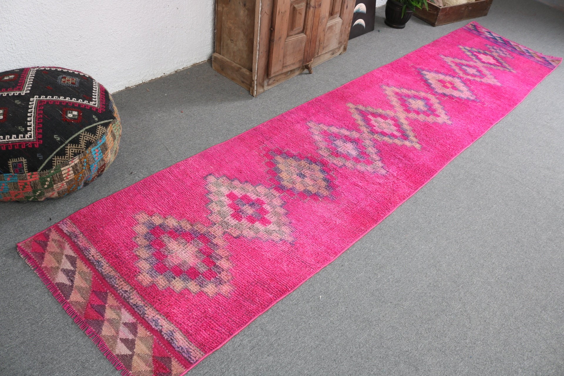 Vintage Halı, 2.5x11.5 ft Runner Halı, Türk Halıları, Düz Dokuma Halılar, Pembe Ev Dekor Halıları, Vintage Runner Halı, Koridor Halıları, Yer Halısı