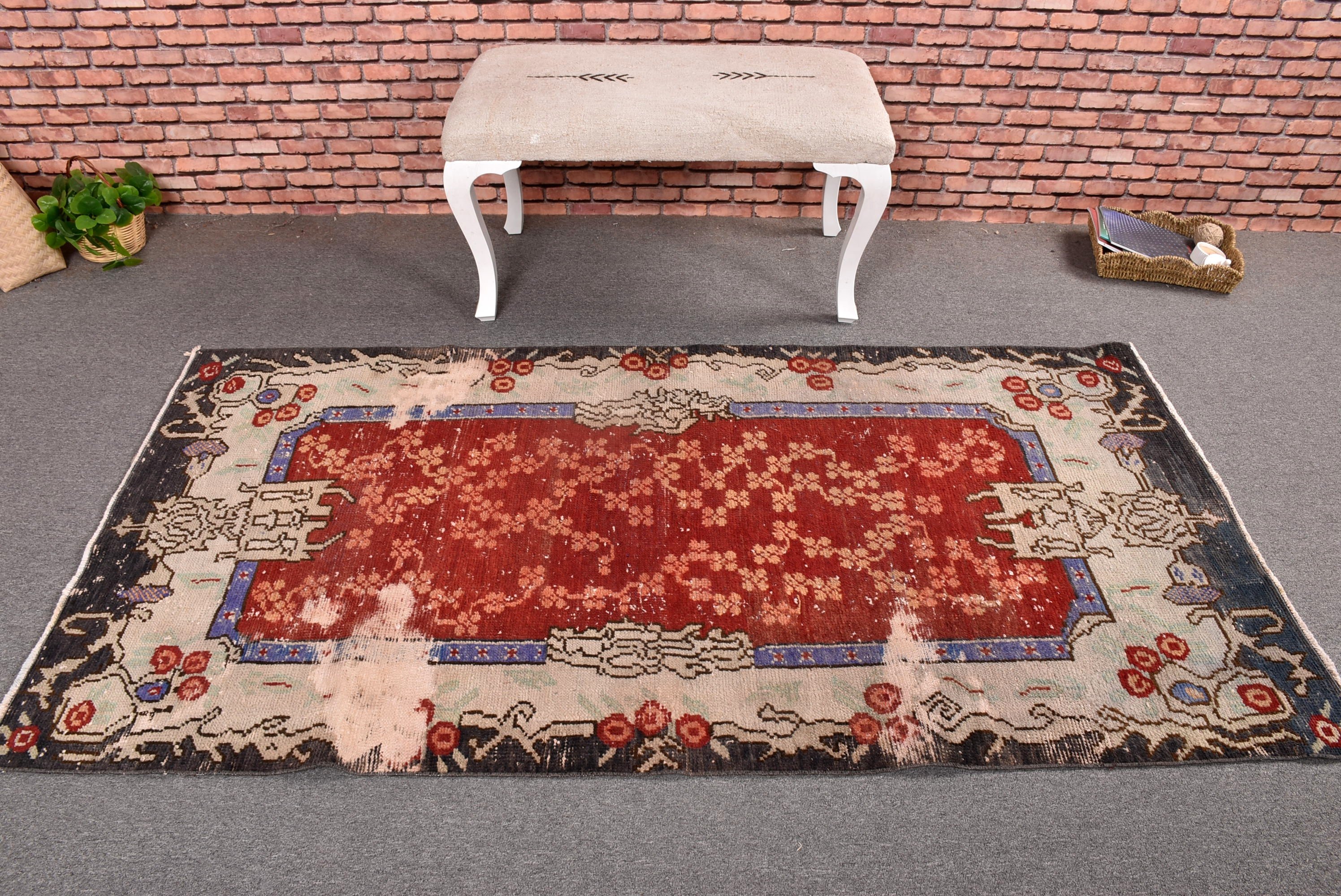 Vintage Rug, Bedroom Rugs, 3.5x6.8 ft Accent Rugs, Rugs for Kitchen, Red Floor Rugs, Wool Rugs, Vintage Accent Rugs, Turkish Rug, Boho Rugs