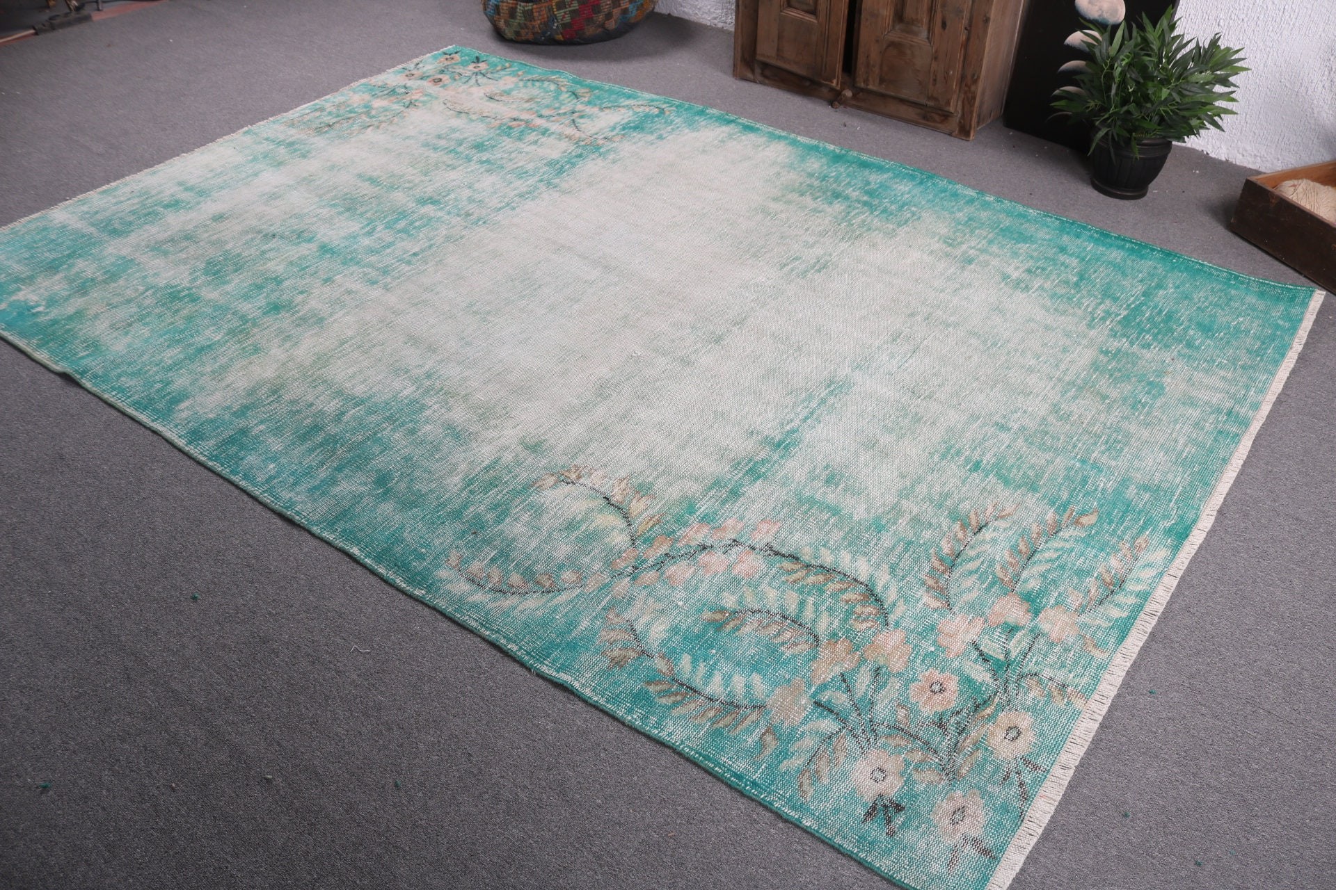 Office Rugs, Turkish Rugs, 6.4x9.4 ft Large Rugs, Vintage Rug, Wool Rug, Green Moroccan Rugs, Living Room Rug, Boho Rug, Dining Room Rug