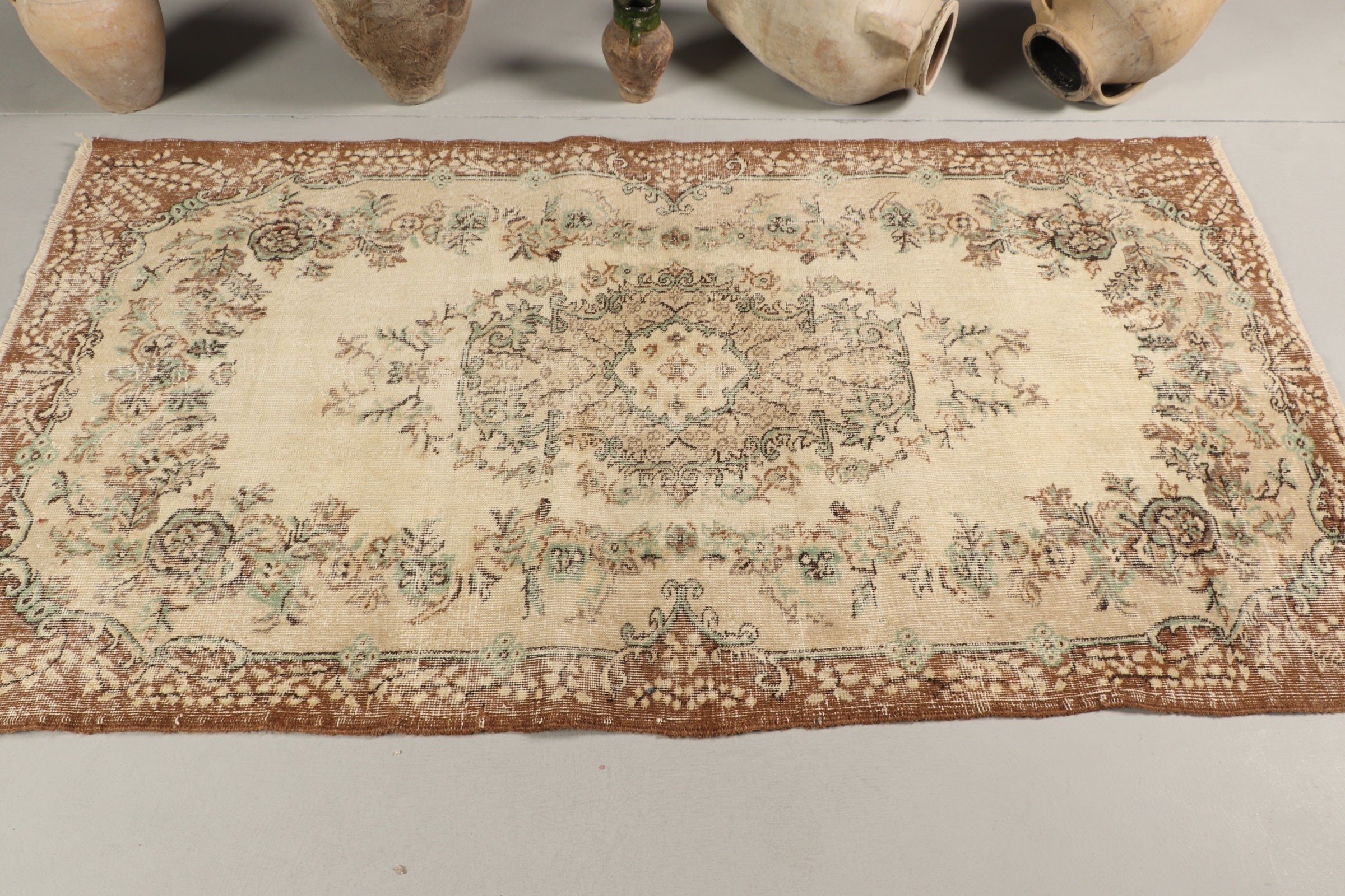 Vintage Rug, Turkish Rugs, Indoor Rug, Beige Antique Rug, Kitchen Rug, Cool Rug, Rugs for Kitchen, Oushak Rugs, 3.7x6.9 ft Area Rug