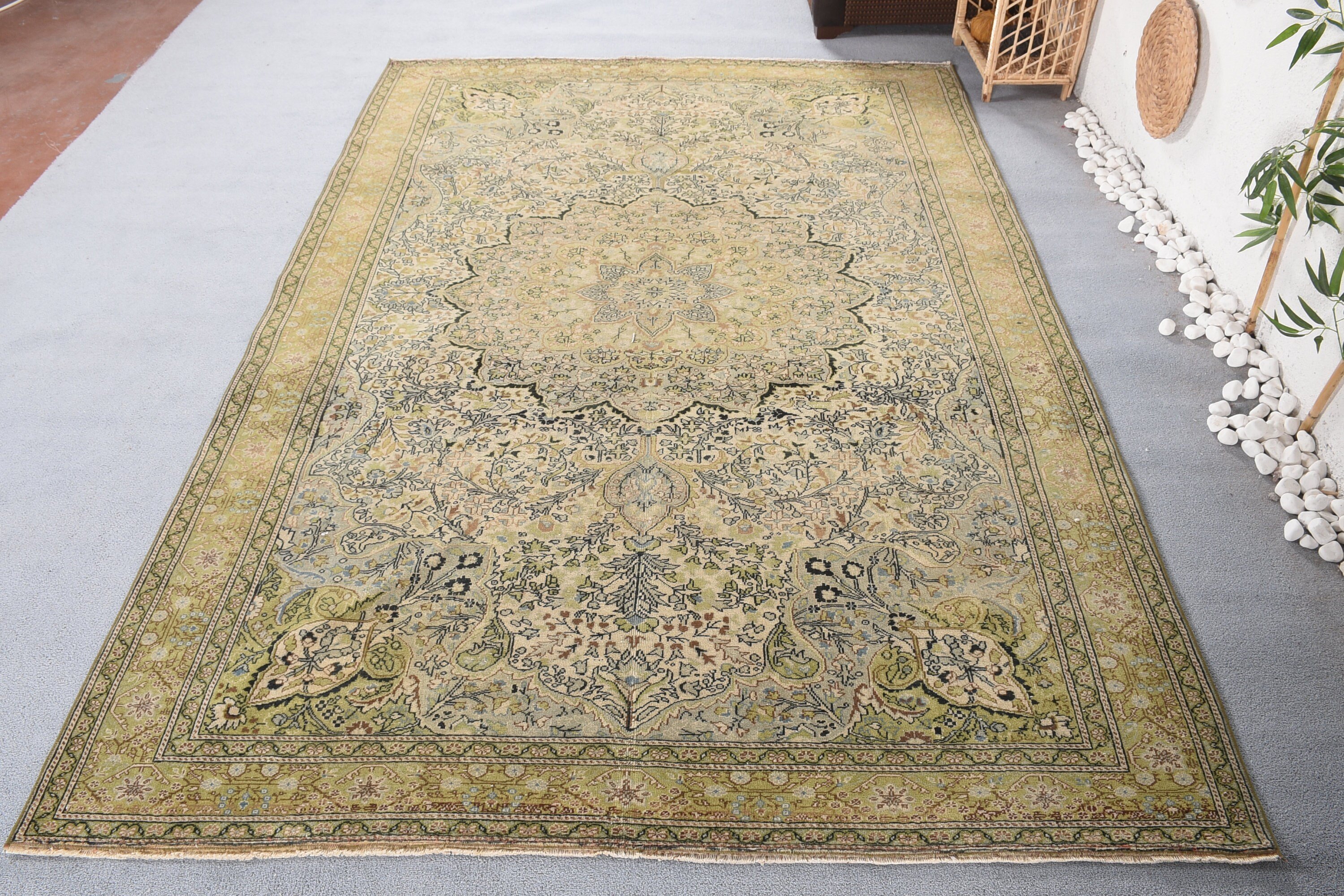 Vintage Halı, Eskitilmiş Halılar, Oryantal Halı, Türk Halıları, Yeşil Mutfak Halıları, Yatak Odası Halısı, Oushak Halıları, 6,3x9,5 ft Büyük Halı, Salon Halıları