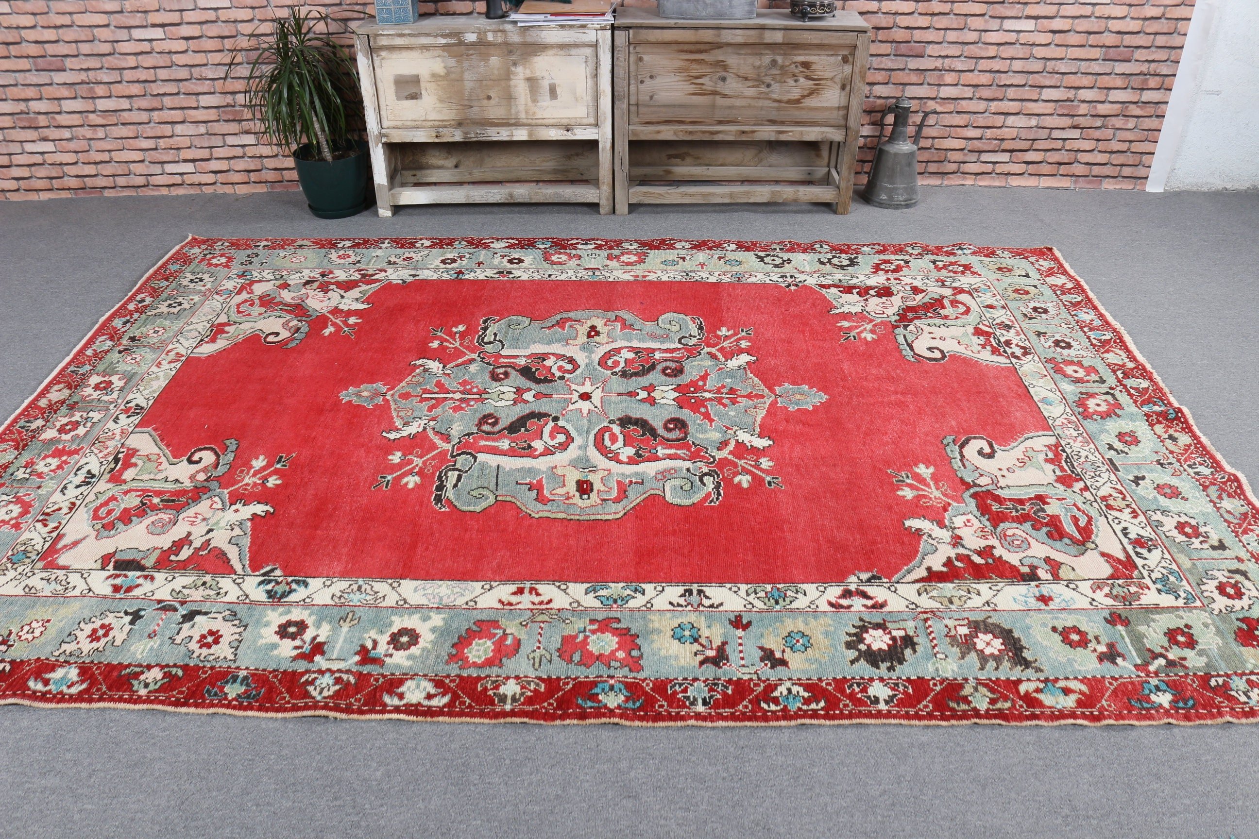 Turkish Rug, Large Oushak Rugs, Large Boho Rugs, Statement Rug, Vintage Rug, Red Moroccan Rug, Office Rugs, Wool Rug, 6.3x9.2 ft Large Rugs