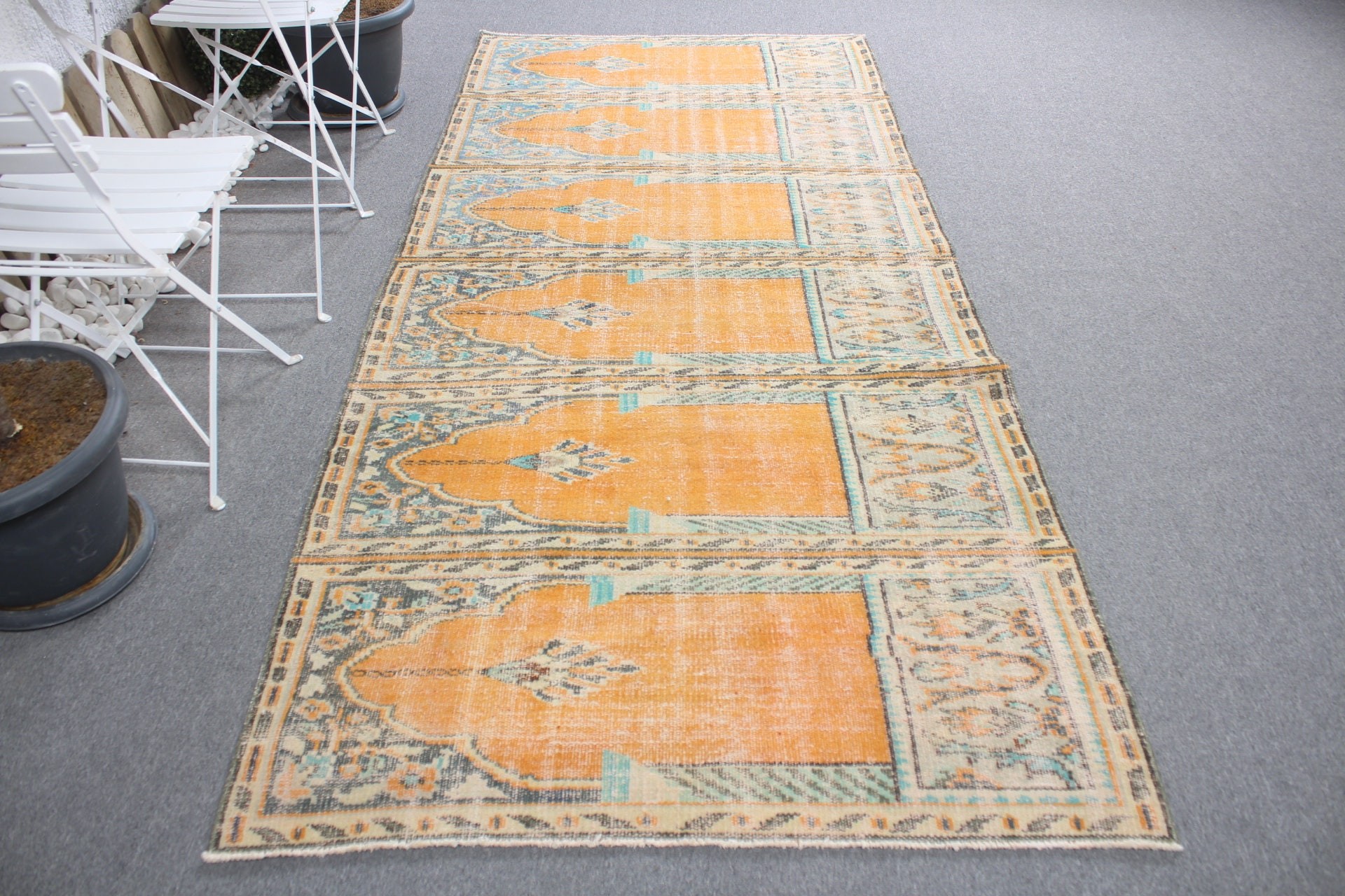 Sarı Yün Halılar, Yer Halıları, Vintage Halı, 4,2x9,2 ft Alan Halısı, Alan Halıları, Sanat Halıları, Türk Halısı, İç Mekan Halısı, Yatak Odası Halısı, Oryantal Halı