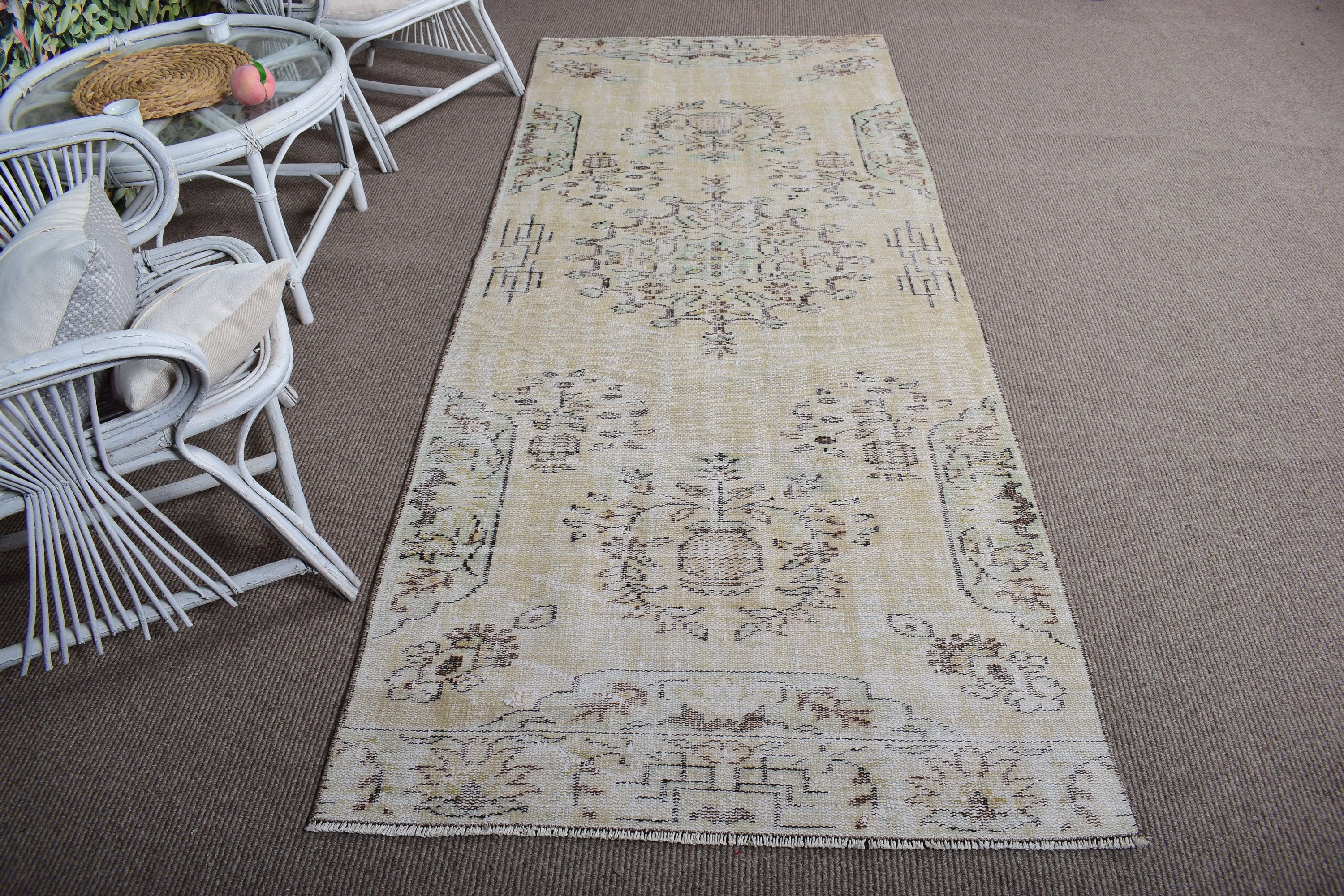 Oushak Halıları, Türk Halıları, Vintage Halı, Vintage Runner Halısı, Yeşil Düz Dokuma Halıları, Koridor Halıları, 3,5x8,8 ft Runner Halıları