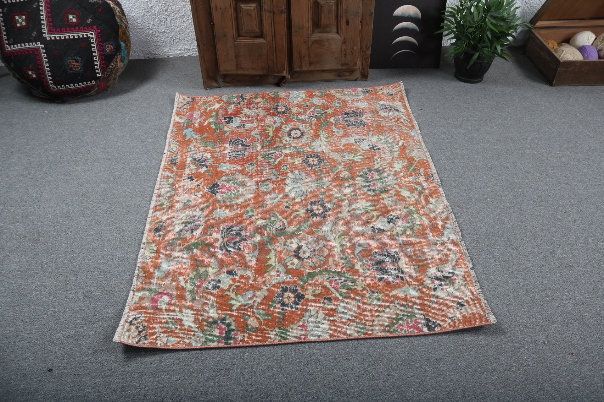 Türk Halısı, Vintage Halılar, Boho Halılar, Giriş Halısı, Etnik Halılar, Dekoratif Halı, 4,7x3,7 ft Accent Halı, El Dokuma Halı, Turuncu Geometrik Halı