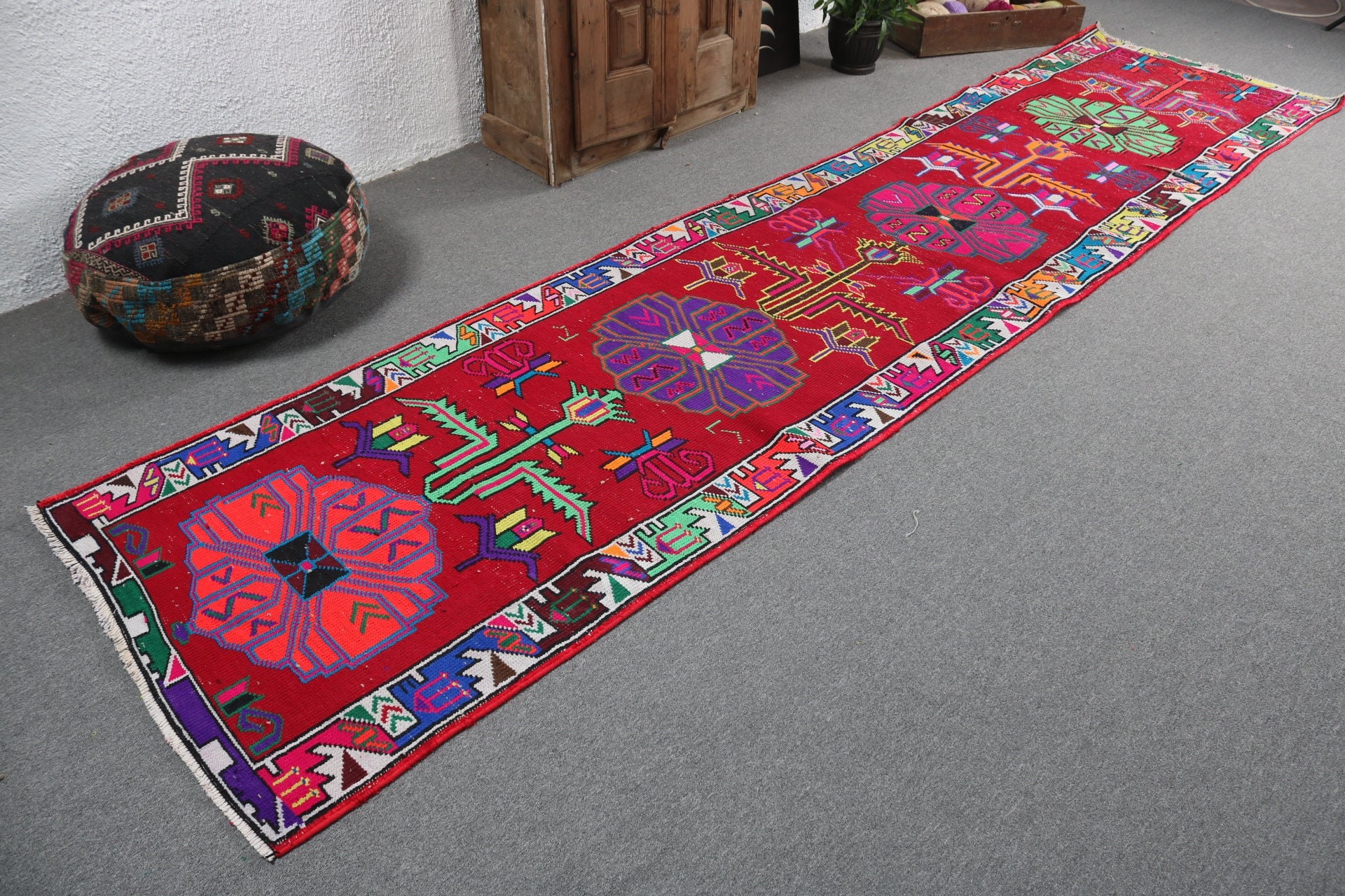 Koridor Halısı, Geometrik Halı, Vintage Halılar, Yün Halılar, Vintage Runner Halısı, Yer Halısı, 3.1x13.3 ft Runner Halıları, Kırmızı Anadolu Halısı, Türk Halısı