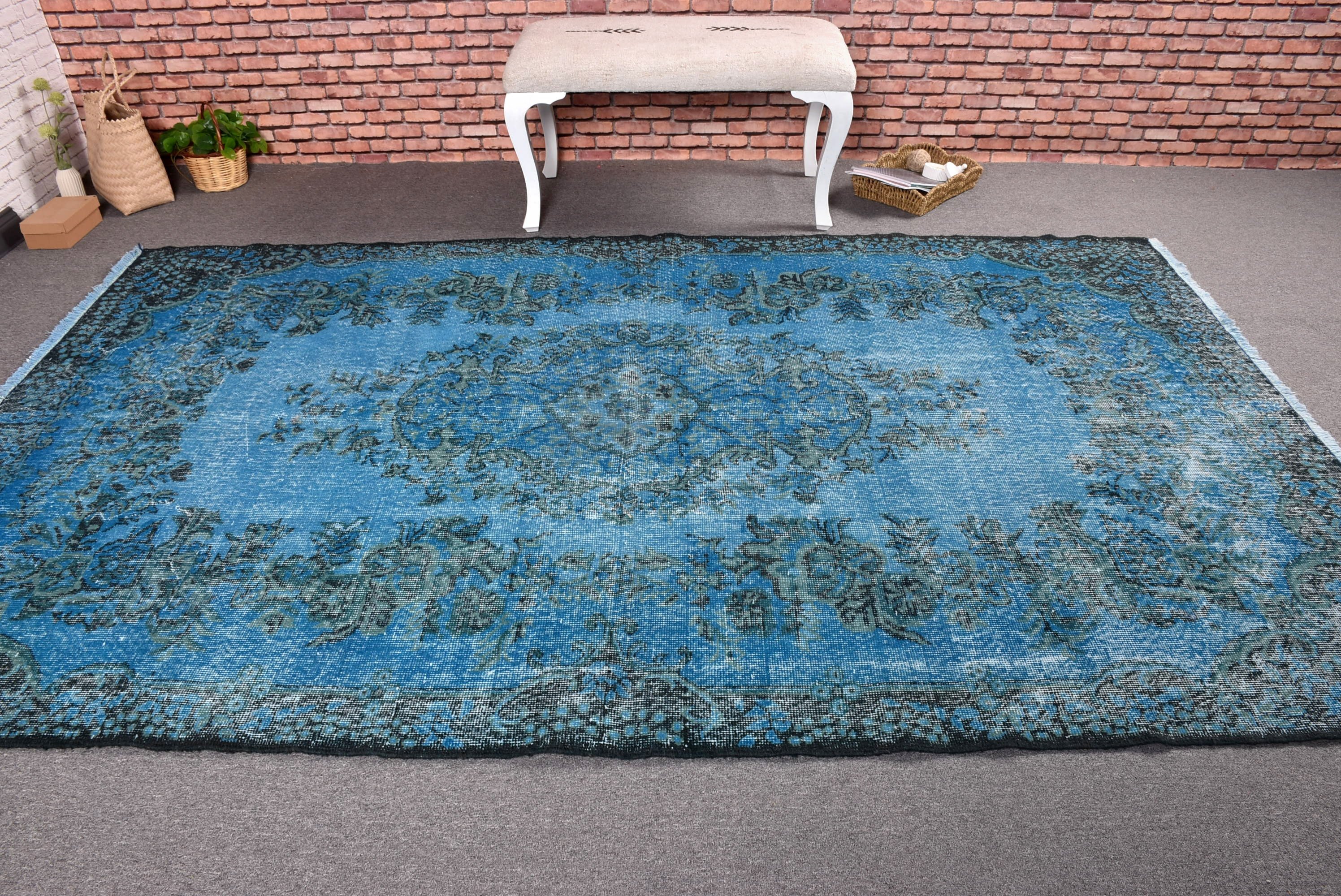 Mavi Ev Dekor Halıları, Antika Halı, Boho Halılar, Vintage Halı, Salon Halıları, Büyük Vintage Halı, 5.7x9.2 ft Büyük Halı, Türk Halısı, Geometrik Halılar