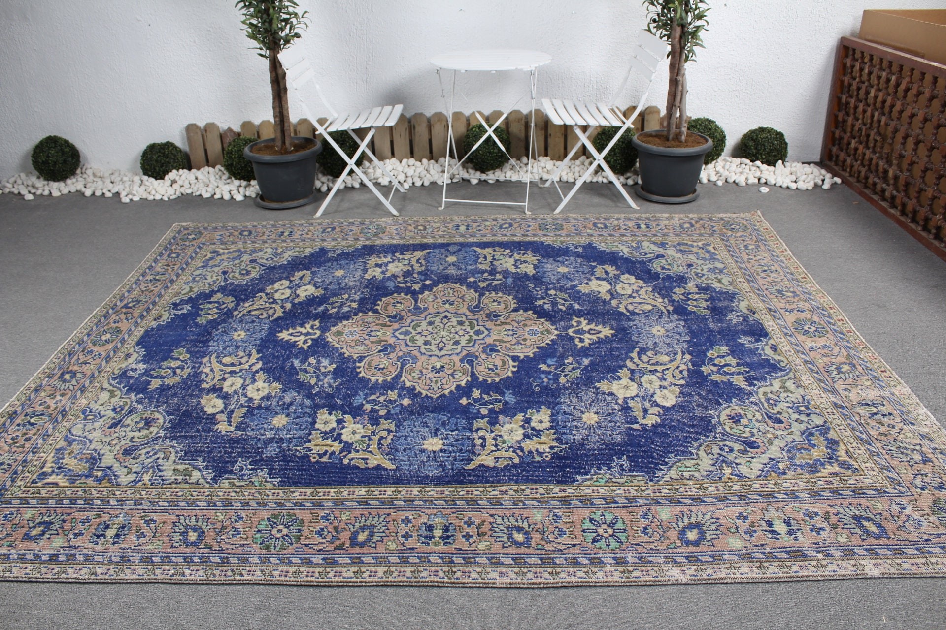 7.8x9.5 ft Büyük Boy Halı, Oturma Odası Halısı, Türk Halısı, Vintage Halı, Eski Halı, Mavi Oryantal Halılar, Oushak Halıları, Ev Dekor Halıları, Salon Halısı