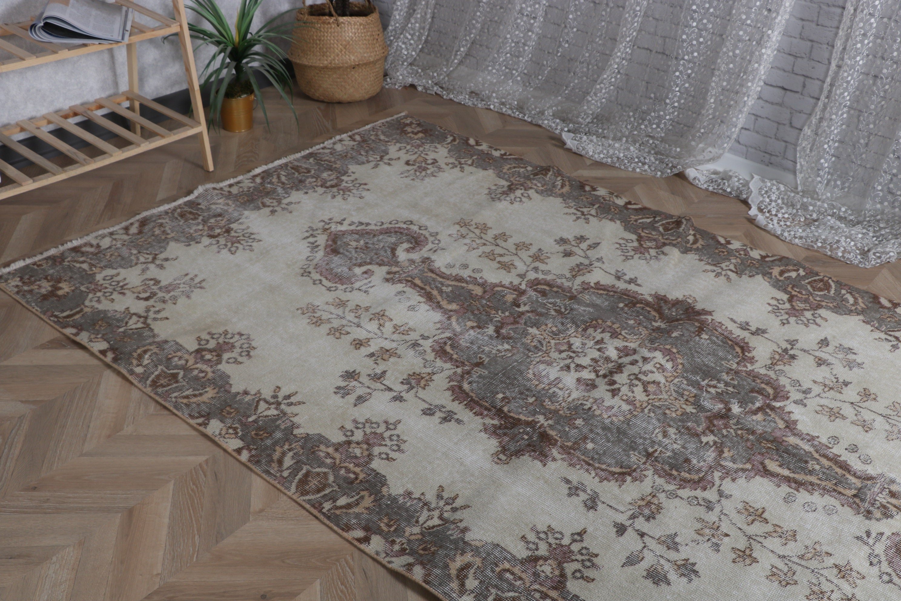 Vintage Halılar, Büyük Boho Halısı, Türk Halısı, Oryantal Halısı, Beyaz Mutfak Halısı, Soğuk Halı, Yer Halısı, Yemek Odası Halısı, 5x8,7 ft Büyük Halı