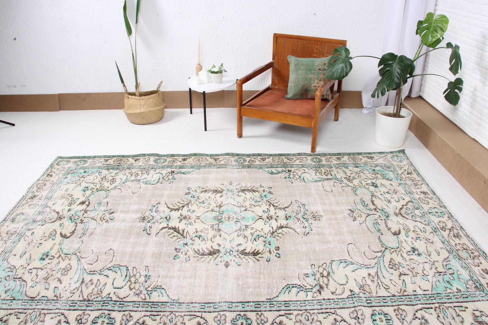 El Dokuma Halı, 5.5x8.8 ft Büyük Halılar, Yeşil Zemin Halısı, Büyük Boho Halıları, Yemek Odası Halıları, Vintage Halı, Boho Halıları, Türk Halısı, Nötr Halılar