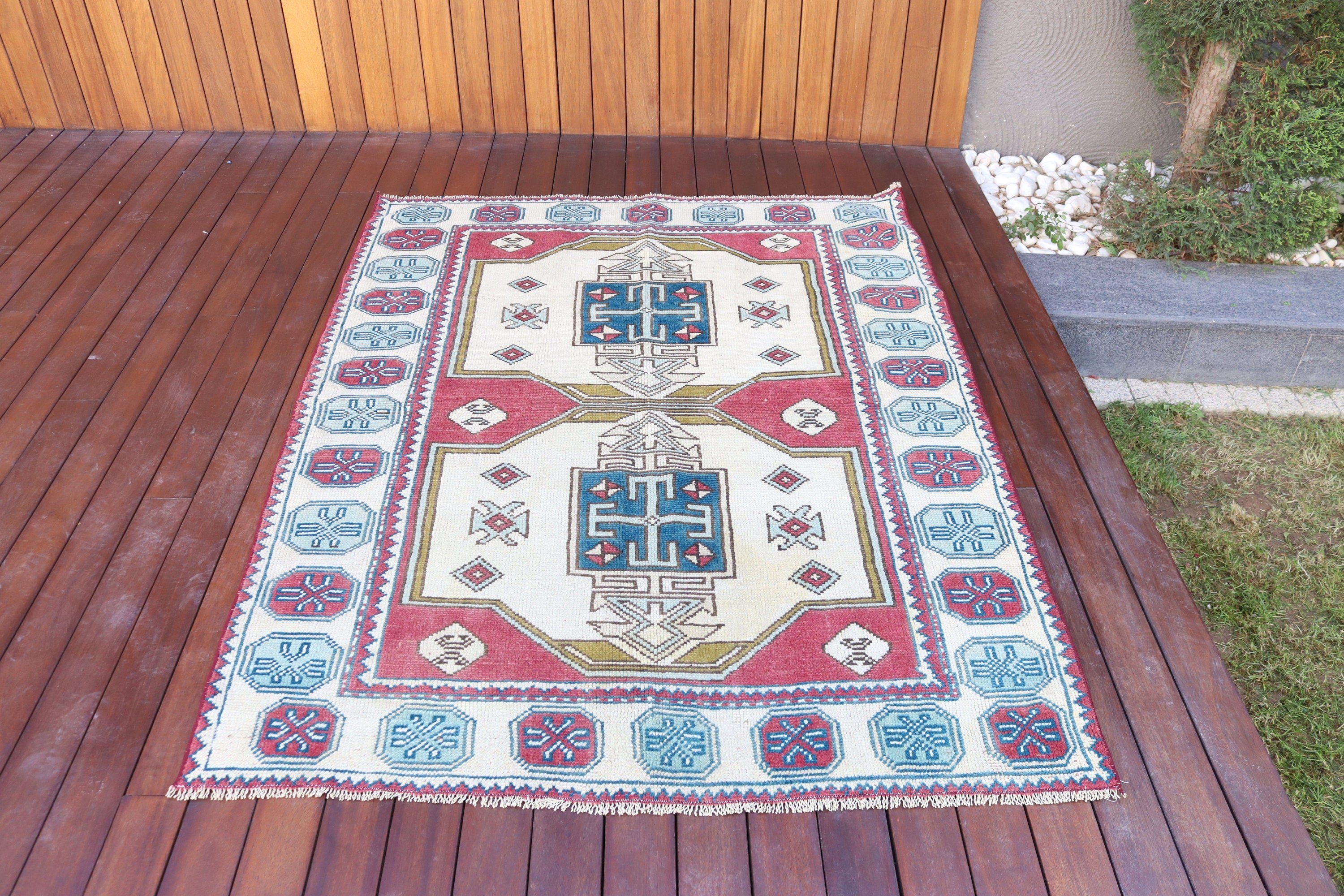 Düz Dokuma Halı, Vintage Halılar, Türk Halısı, Oushak Alan Halısı, Vintage Alan Halıları, Boho Halıları, Bej Soğuk Halı, 4.3x5.7 ft Alan Halısı, Geometrik Halı