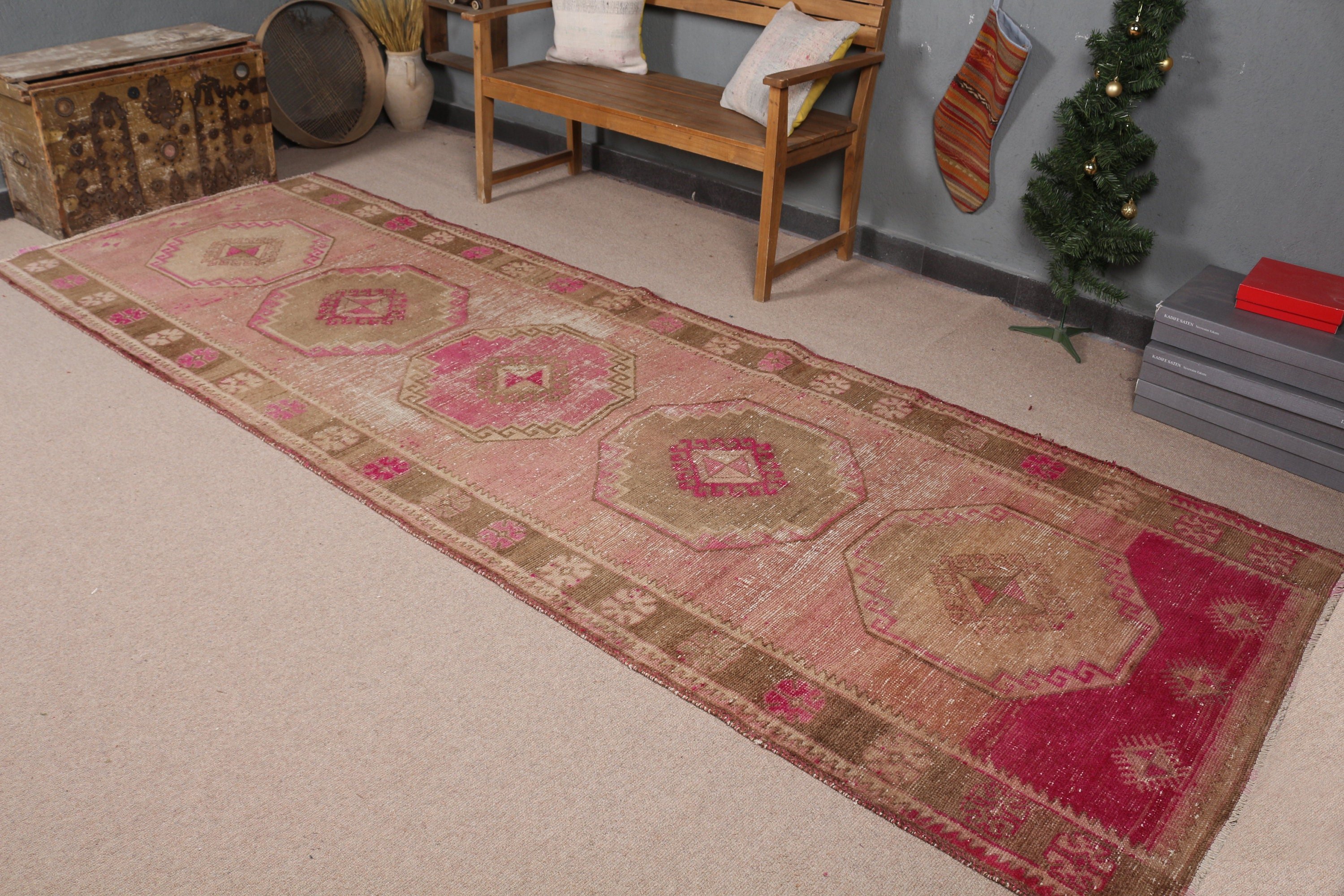 3.9x11.7 ft Runner Rug, Rugs for Kitchen, Hallway Rug, Turkish Rug, Outdoor Rug, Vintage Rug, Antique Rug, Floor Rug, Pink Kitchen Rug