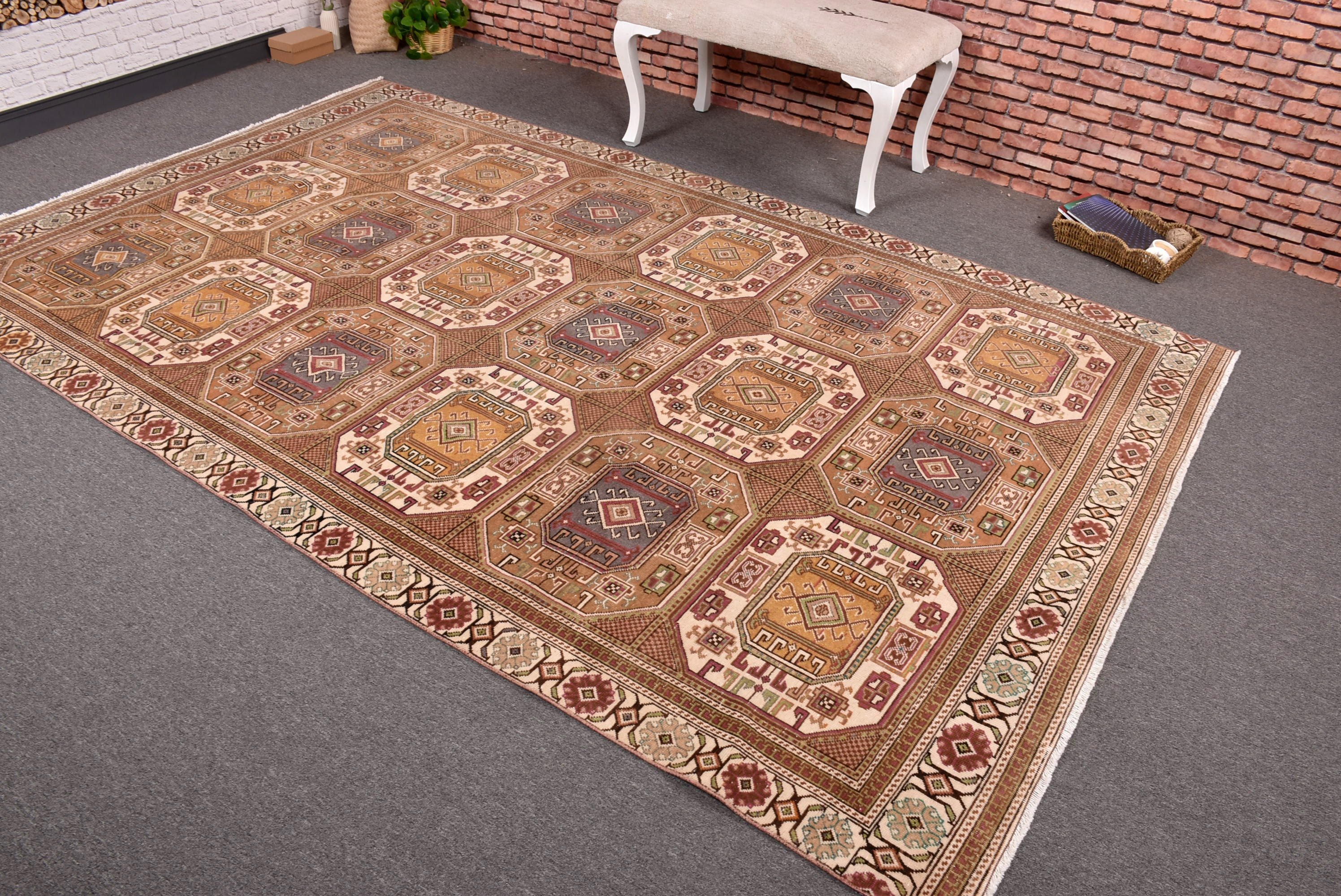 Brown Luxury Rug, Vintage Rugs, Rugs for Salon, 6x9.6 ft Large Rug, Salon Rug, Kitchen Rug, Living Room Rug, Turkish Rugs