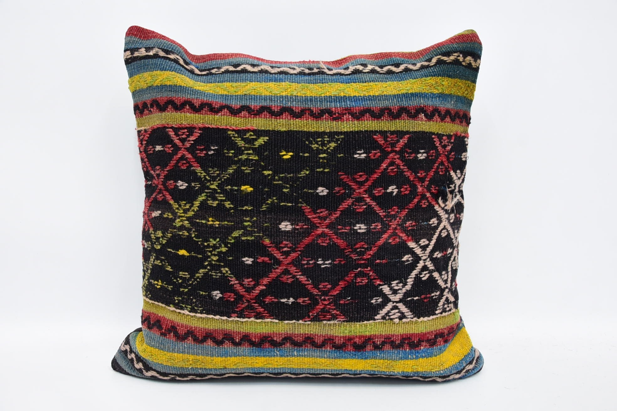 Traditional Cushion Case, Farmhouse Cushion, 18"x18" Black Pillow, Pillow for Sofa, Ethnical Kilim Rug Pillow, Vintage Pillow