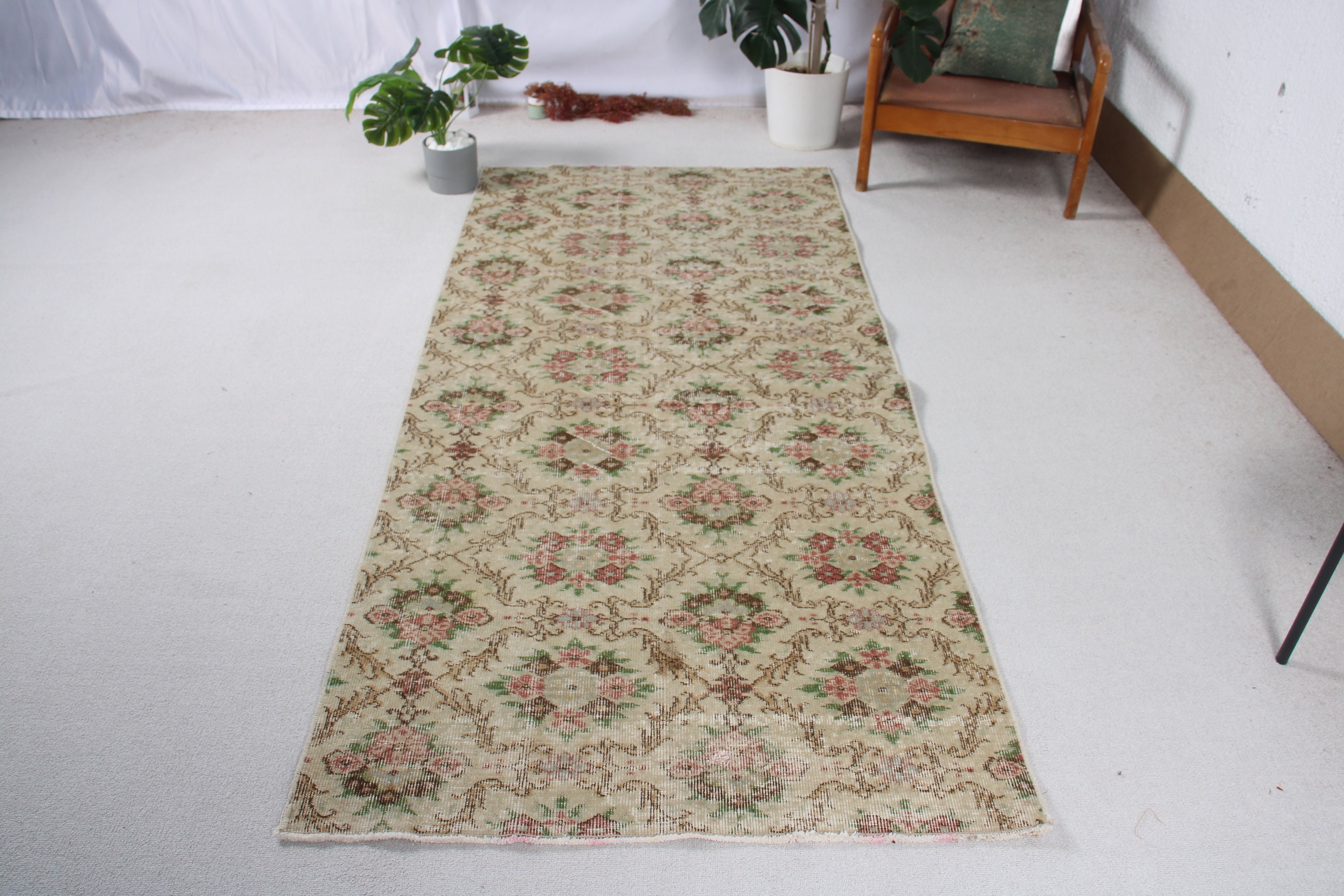 Vintage Rug, Turkish Rug, Beige  3.6x7.9 ft Area Rugs, Kitchen Rug, Handwoven Rug, Geometric Rugs, Floor Rug