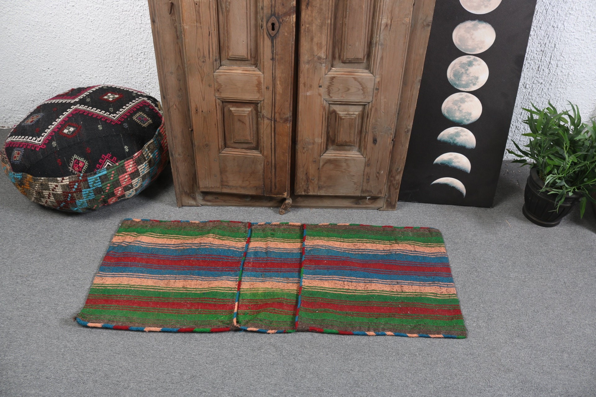 1.6x4 ft Küçük Halılar, Yeşil Düz Dokuma Halı, Türk Halıları, Kilim, Yatak Odası Halıları, Antika Halı, Geometrik Halılar, Vintage Halı, Paspas Halıları