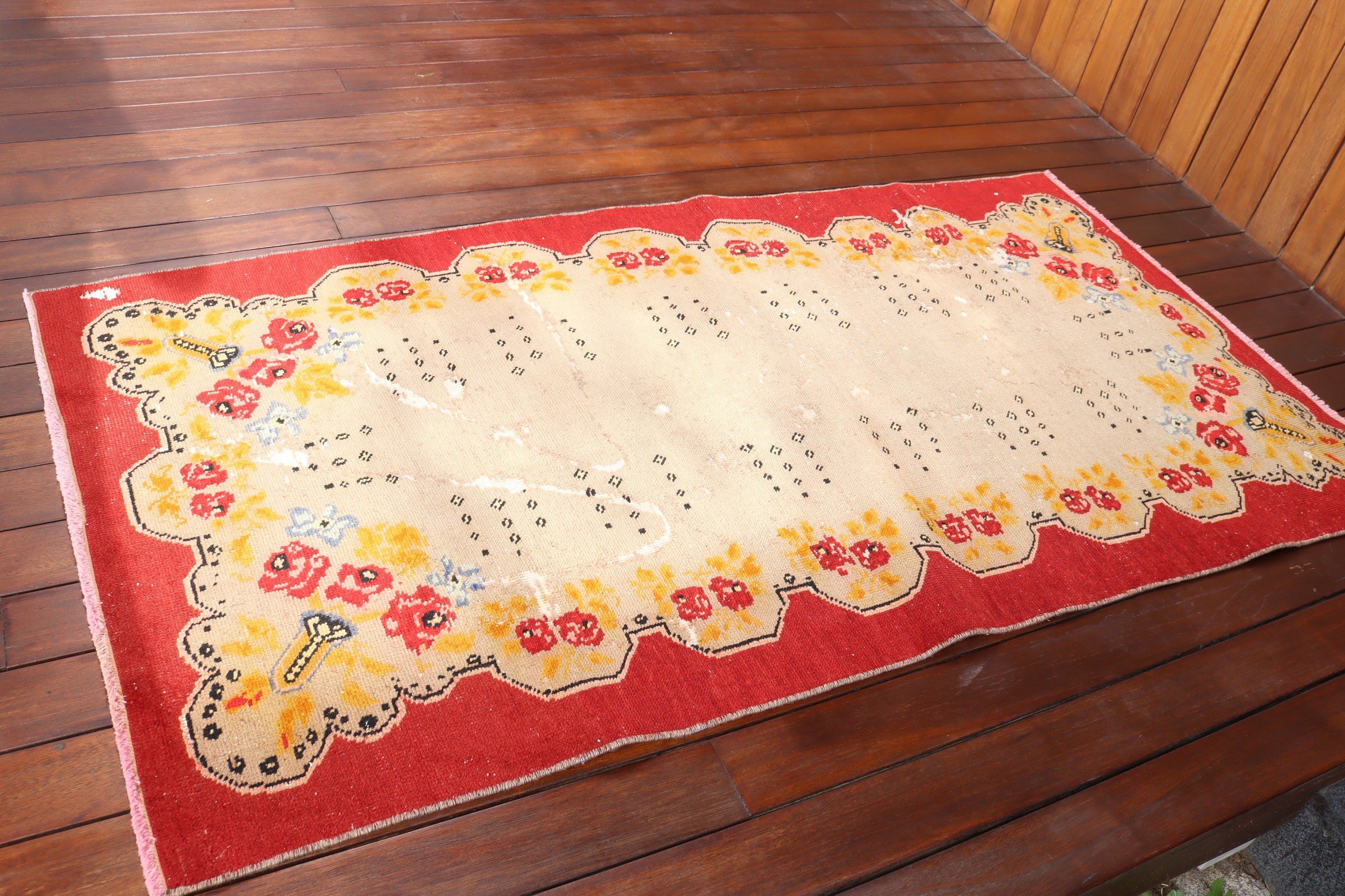 Türk Halısı, Antika Halı, Vintage Halılar, 3x5.6 ft Vurgulu Halılar, Dekoratif Halılar, Yatak Odası Halısı, Bej Nötr Halılar, Fas Halıları