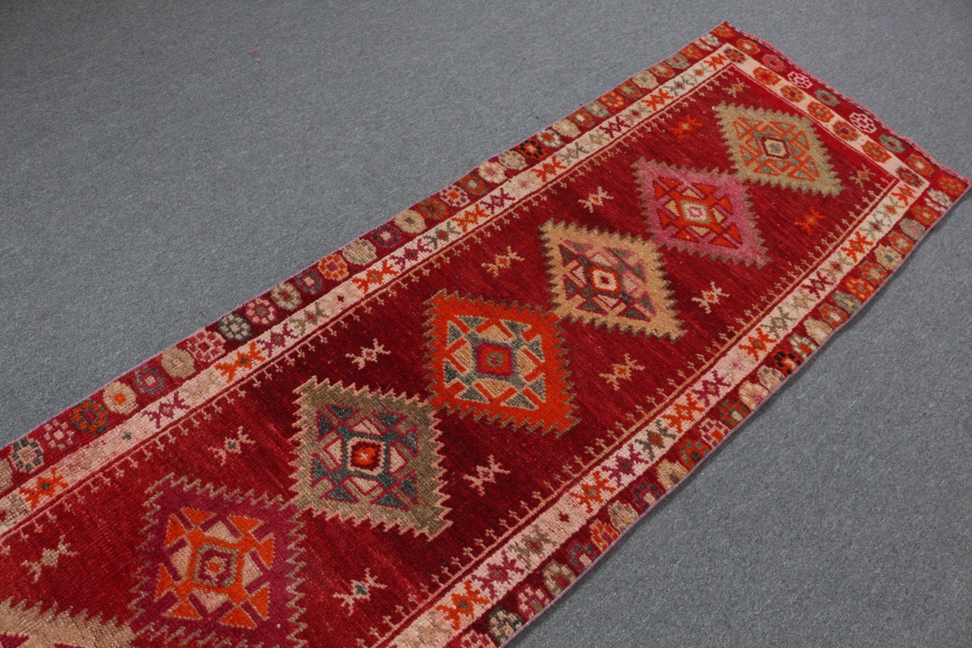 Red Moroccan Rug, Dorm Rug, Oushak Rug, Turkish Rugs, Rugs for Stair, Stair Rug, Antique Rug, 2.5x12.6 ft Runner Rugs, Vintage Rugs