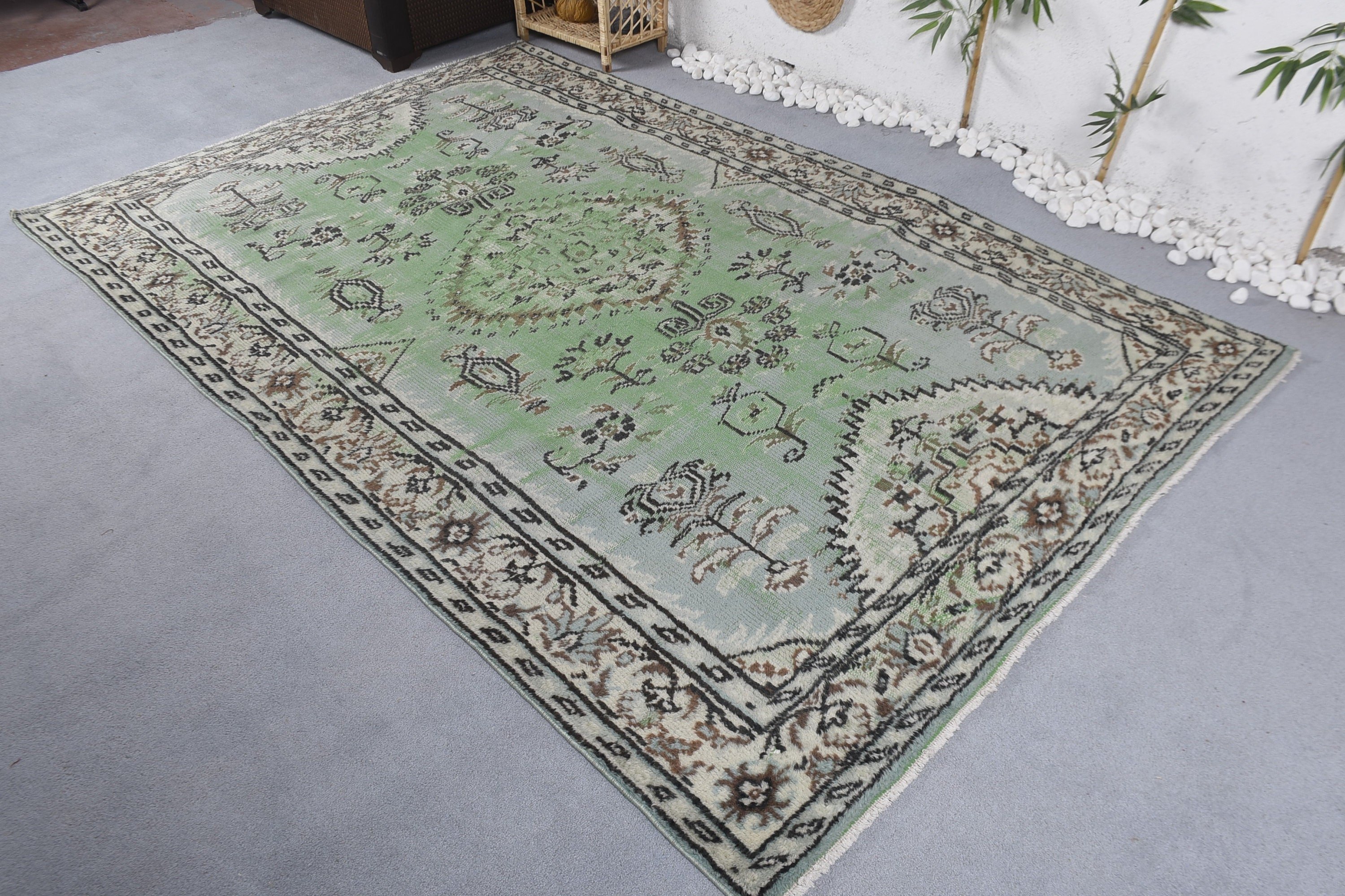 Turkish Rugs, Living Room Rug, Antique Rug, Vintage Rugs, Green Wool Rug, Moroccan Rugs, Bedroom Rug, Organic Rug, 5.9x9.1 ft Large Rug