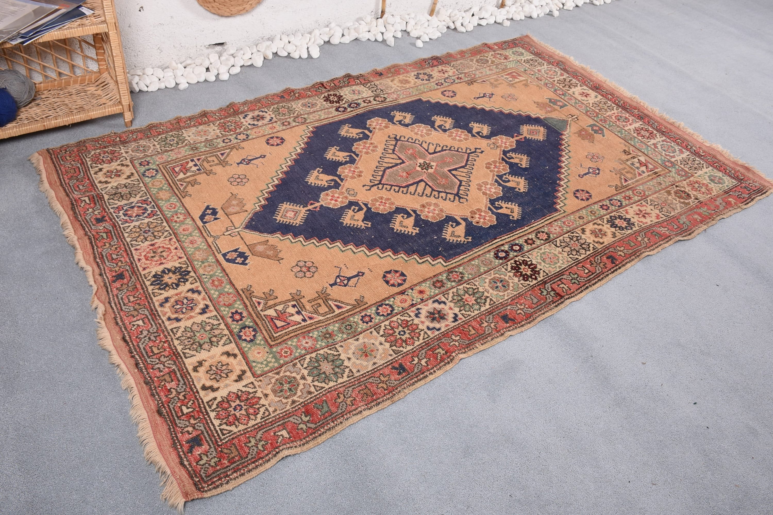 Nursery Rugs, Turkish Rug, Moroccan Rugs, Living Room Rug, Kitchen Rug, 4.6x7.6 ft Area Rug, Rugs for Floor, Vintage Rug, Orange Cool Rug