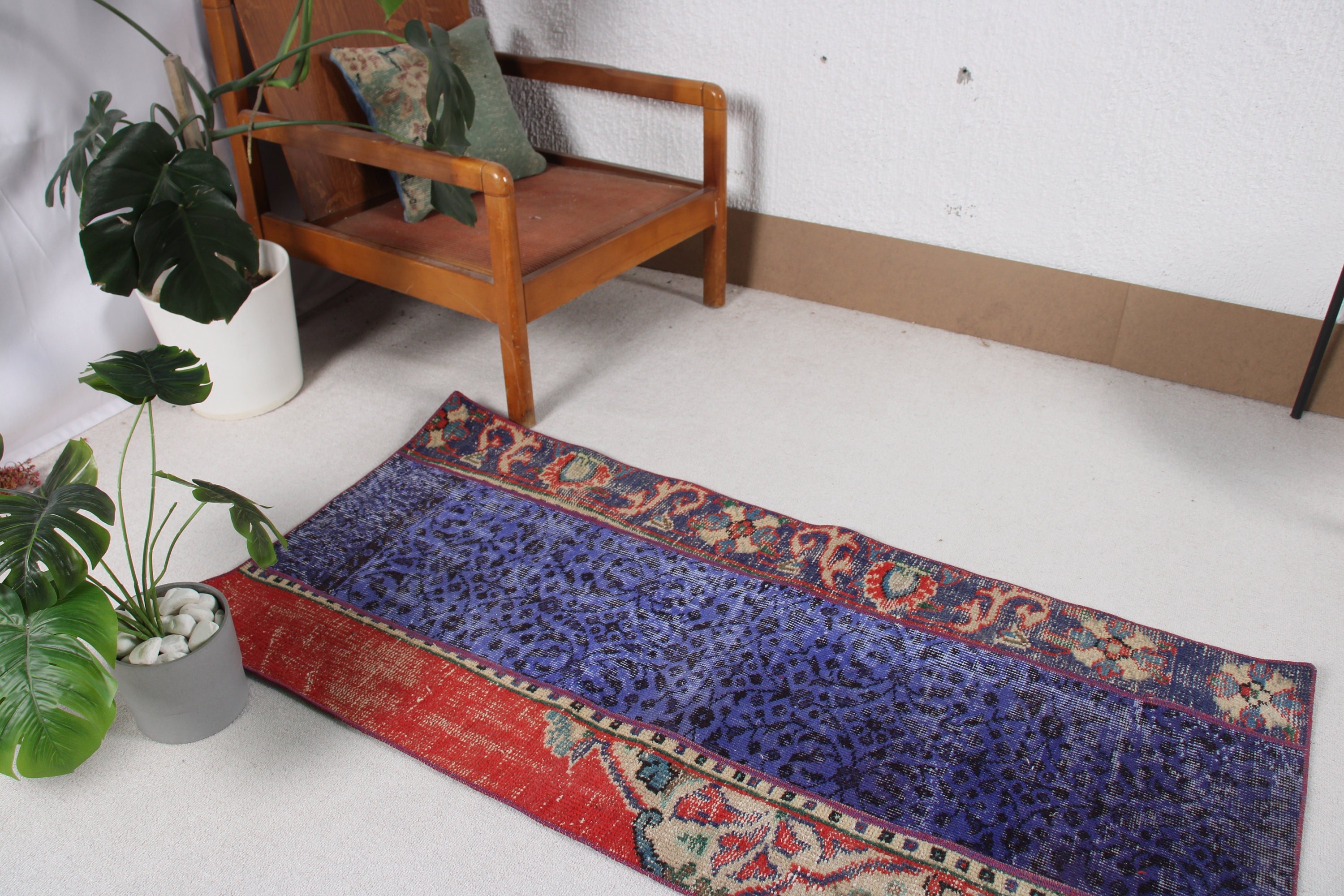 Mutfak Halıları, 2.3x4.9 ft Küçük Halı, Araba Paspas Halısı, Türk Halısı, Küçük Boho Halısı, Vintage Halı, Mavi Oryantal Halılar, Yün Halılar