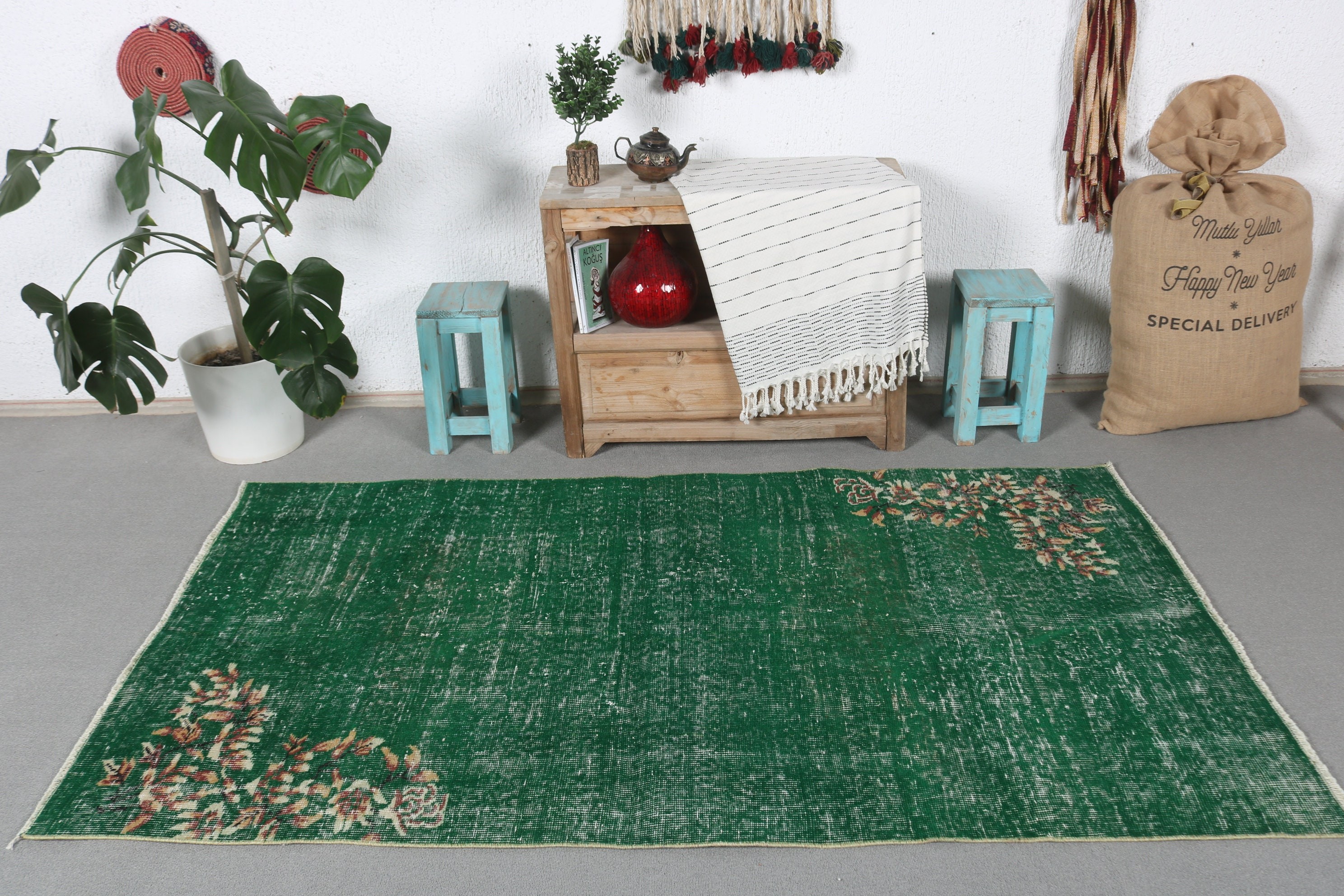 Home Decor Rugs, 3.7x6.6 ft Area Rug, Dining Room Rug, Green Anatolian Rug, Anatolian Rug, Retro Rug, Turkish Rug, Vintage Rug, Indoor Rug