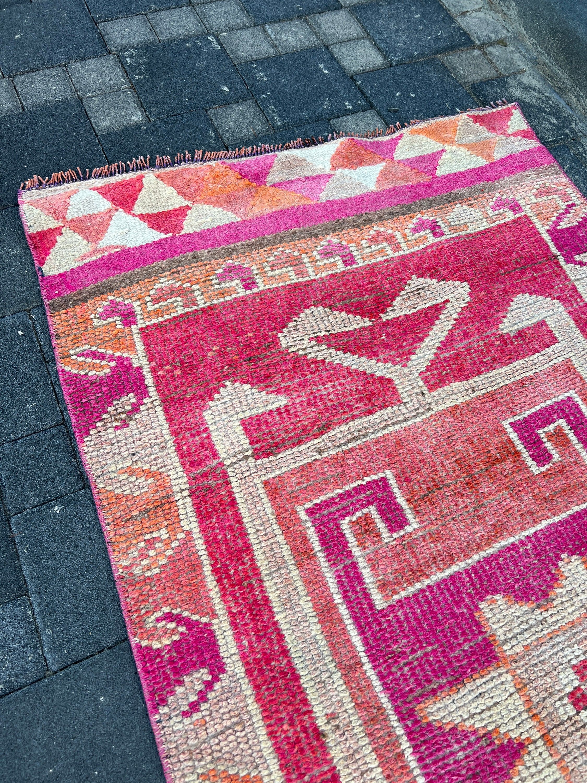 Hallway Rug, Turkish Rugs, Bedroom Rug, 3x10.3 ft Runner Rugs, Pink Antique Rugs, Vintage Rug, Corridor Rug, Retro Rugs