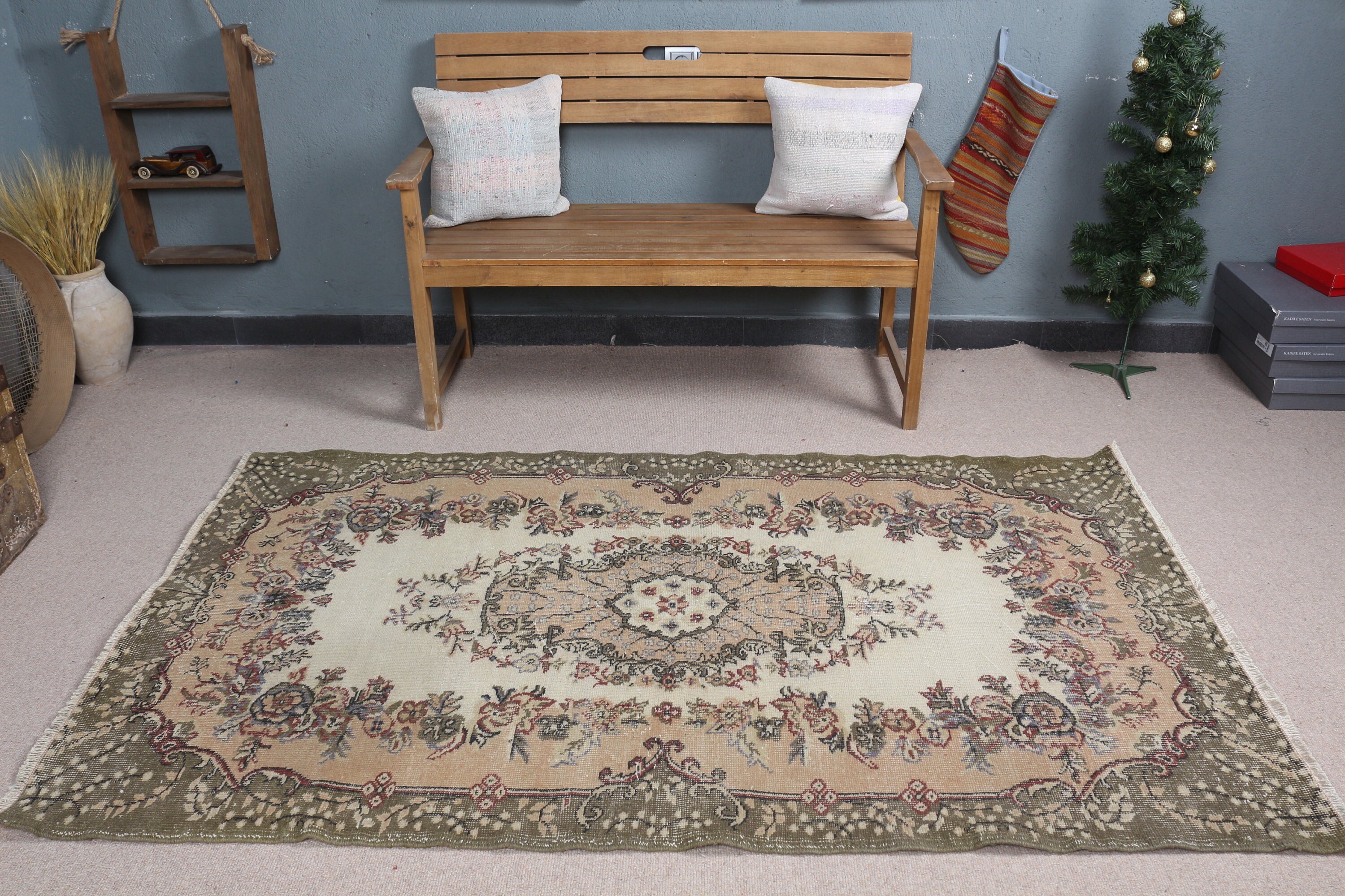 Vintage Dekor Halı, Yeşil Ev Dekorasyonu Halısı, Havalı Halılar, Türk Halısı, Mutfak Halısı, Vintage Halı, 4x6.9 ft Alan Halıları, Çocuk Halıları, Fas Halısı