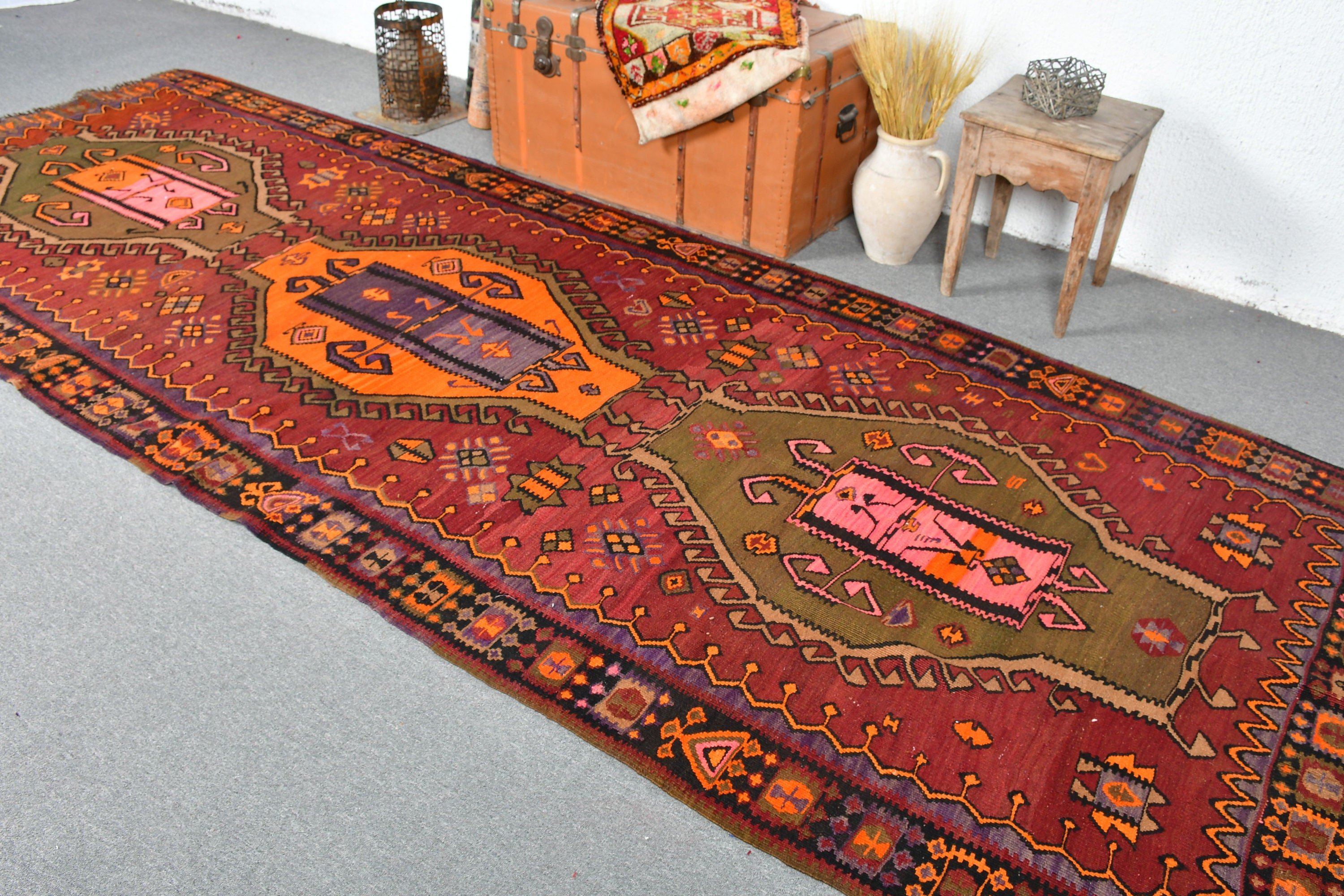 Runner Halıları, Aztek Halısı, Merdiven Halısı, Türk Halıları, Mutfak Halısı, Vintage Halı, 4.7x12.9 ft Runner Halısı, Antika Halılar, Kırmızı Oushak Halıları, Kilim