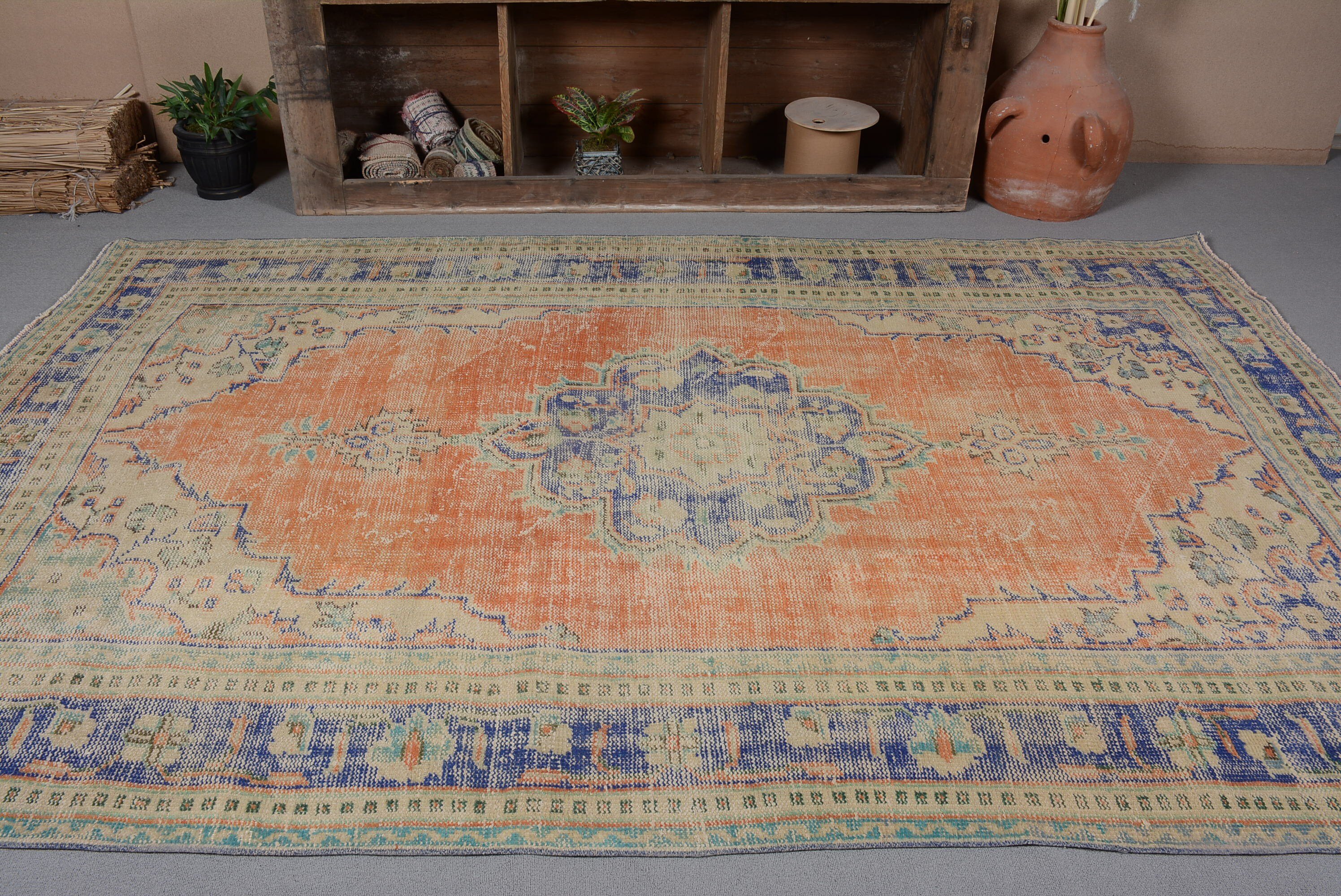 Vintage Rugs, Aesthetic Rug, Living Room Rug, Orange Cool Rugs, 6.3x9.2 ft Large Rugs, Dining Room Rug, Floor Rug, Turkish Rug, Kitchen Rug