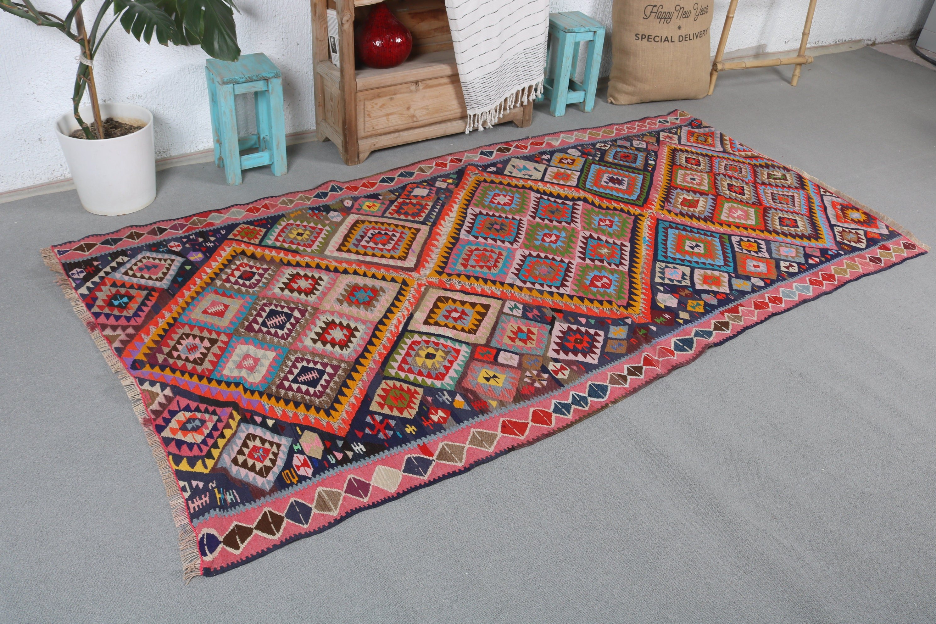 Yemek Odası Halısı, Mutfak Halısı, Kilim, 4.1x8.1 ft Alan Halıları, Türk Halıları, Vintage Halı, Pembe Antika Halı, Ev Dekor Halısı, Yatak Odası Halıları