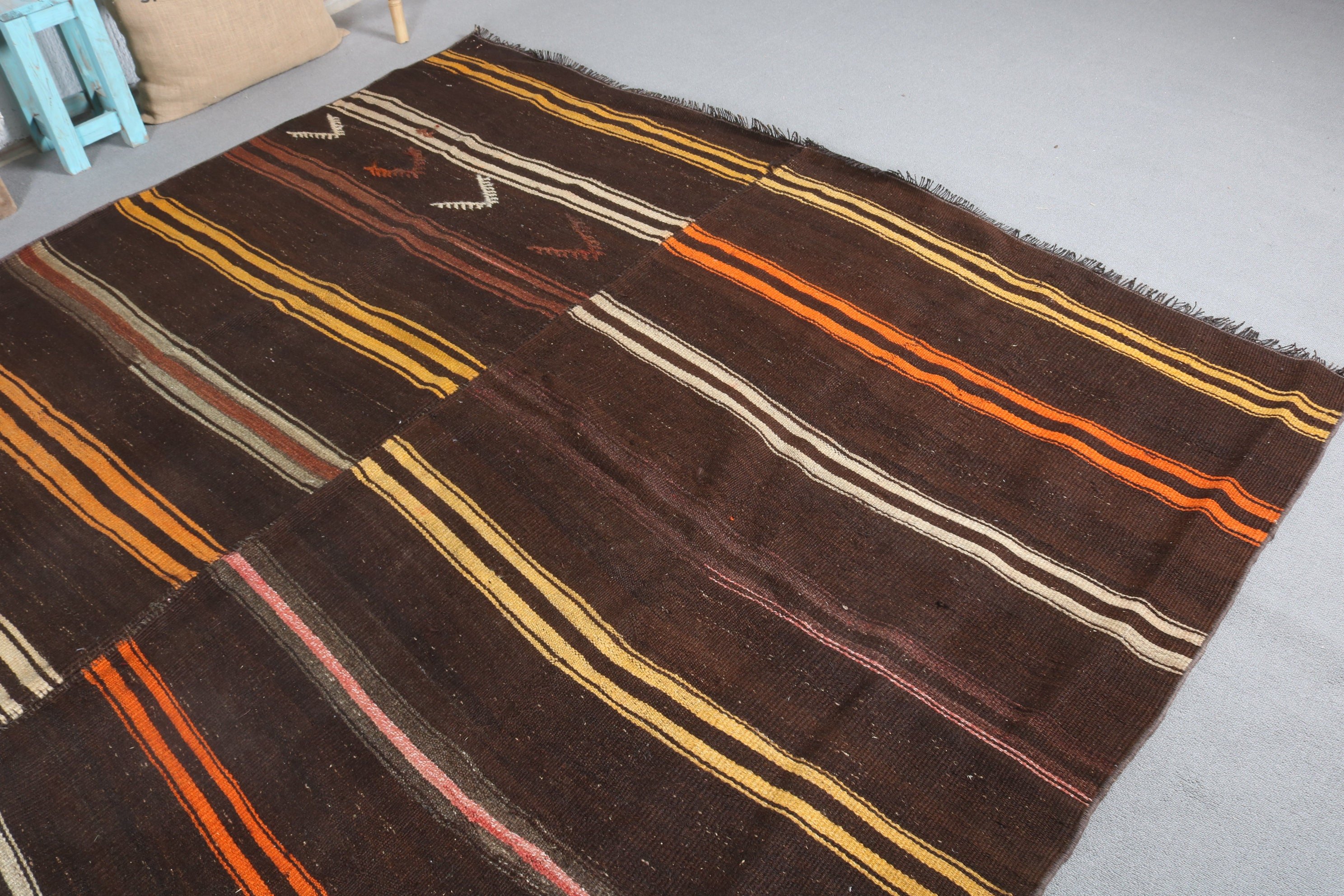 Kilim, Kahverengi 7.1x11.9 ft Büyük Boy Halı, Yün Halı, Vintage Halılar, Yatak Odası Halısı, Yemek Odası Halısı, Türk Halıları, Salon Halısı