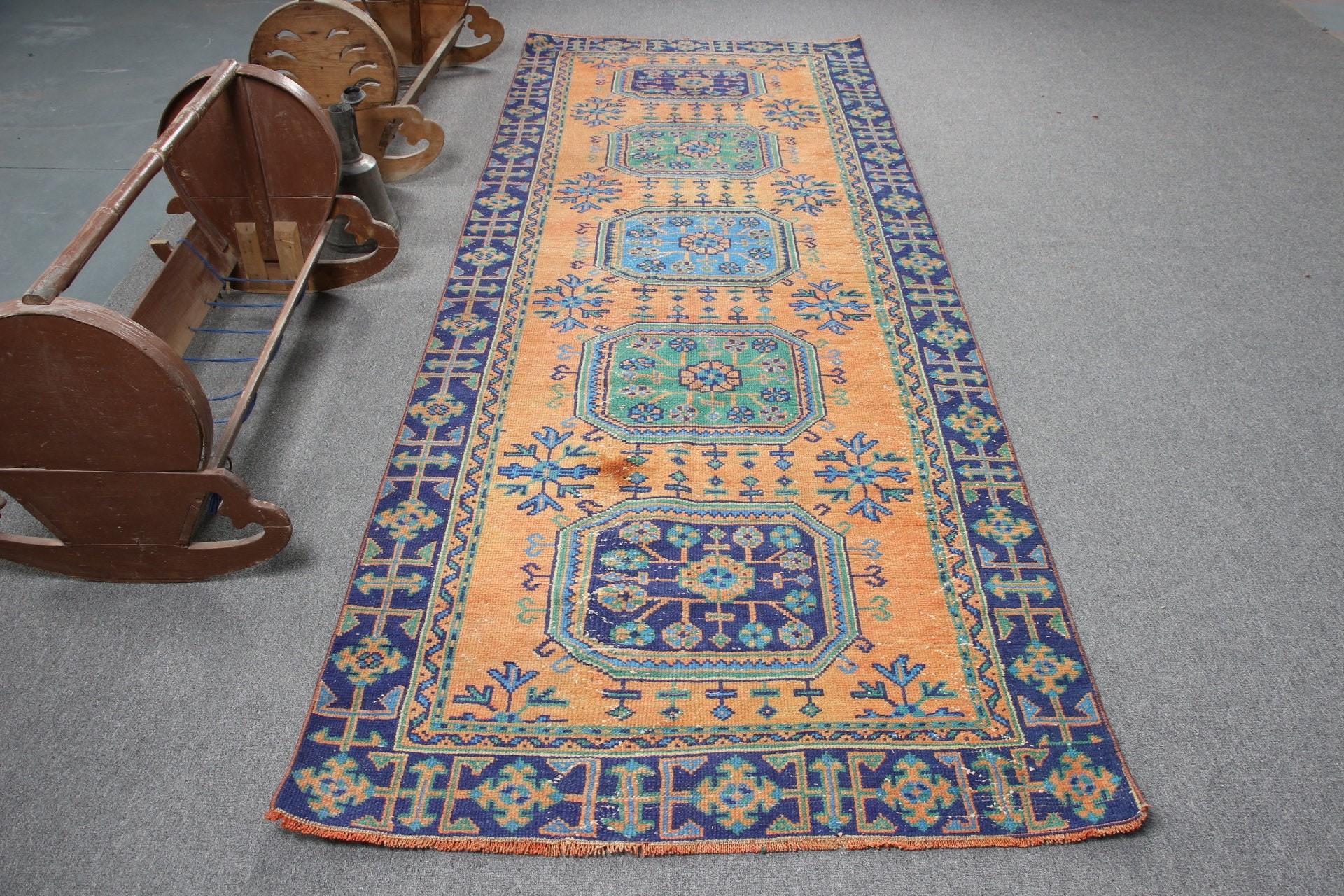 Oriental Rug, Orange Anatolian Rugs, Kitchen Rug, 3.9x10.4 ft Runner Rug, Turkish Rugs, Rugs for Corridor, Corridor Rugs, Vintage Rug