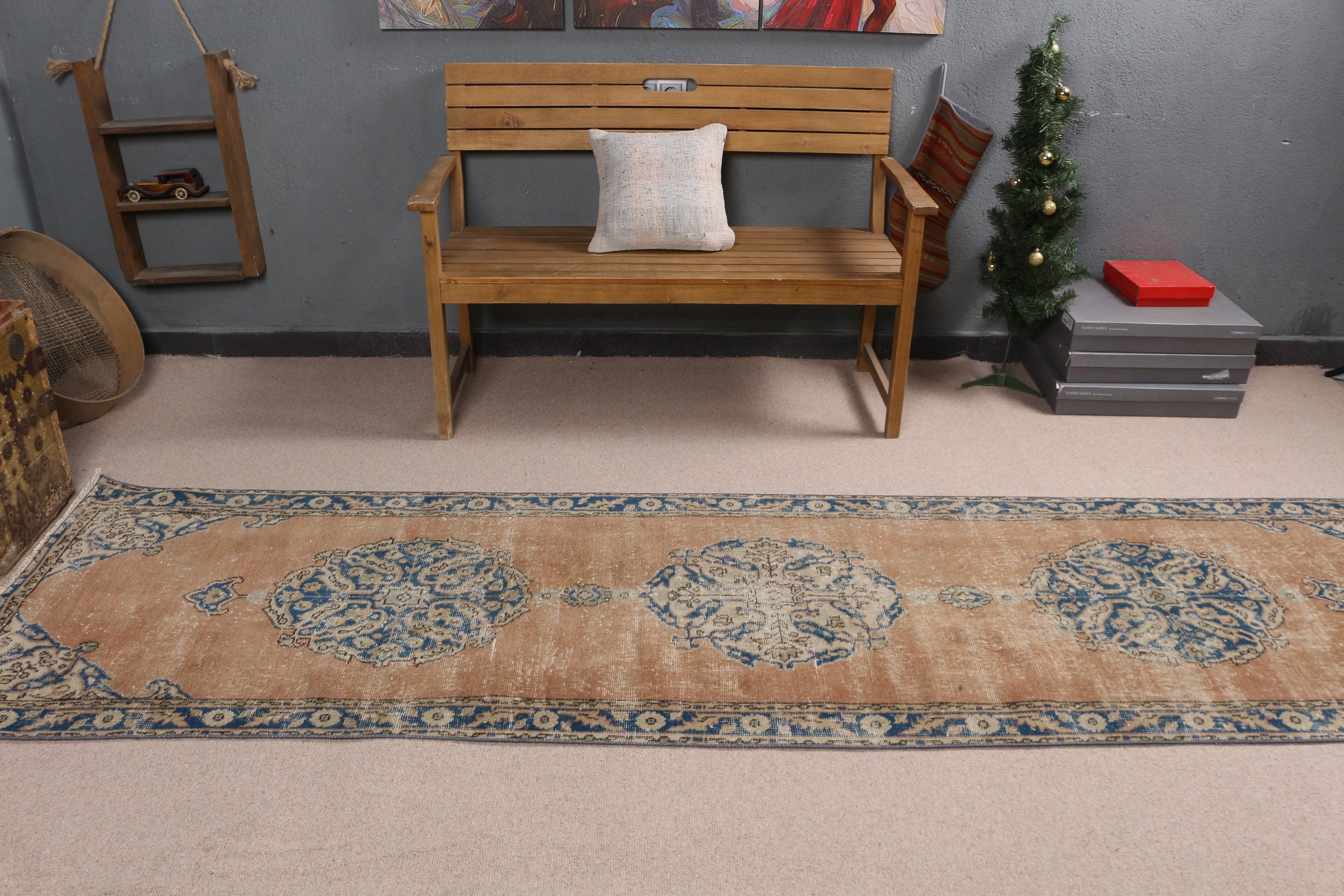 Fas Halısı, Koridor Halıları, Vintage Halılar, Türk Halısı, Yatak Odası Halıları, Koridor Halıları, Kahverengi 2.8x11 ft Runner Halısı, Boho Halısı