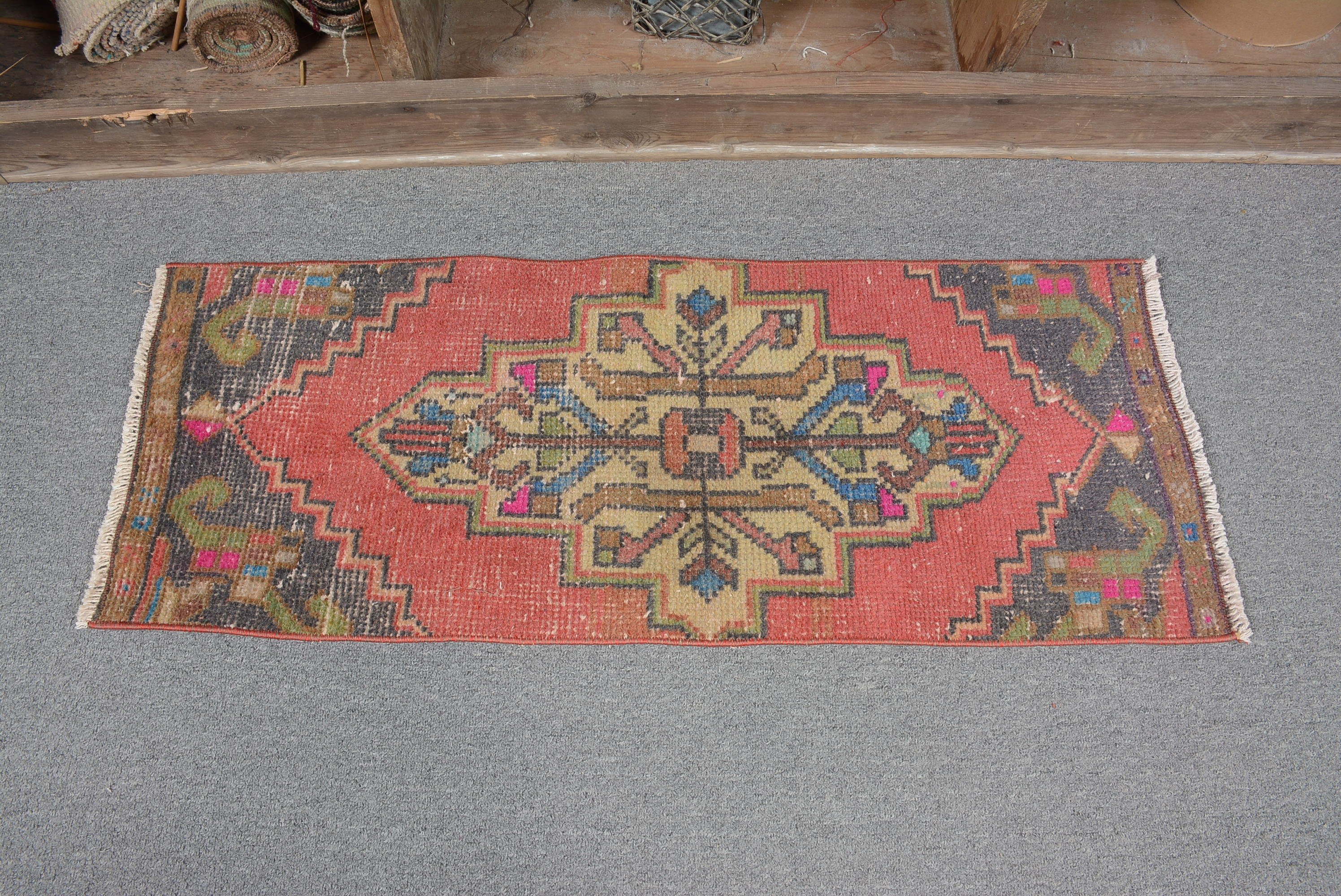 1.2x3.1 ft Small Rug, Car Mat Rug, Red Cool Rugs, Anatolian Rug, Rugs for Bathroom, Turkish Rug, Entry Rug, Vintage Rugs