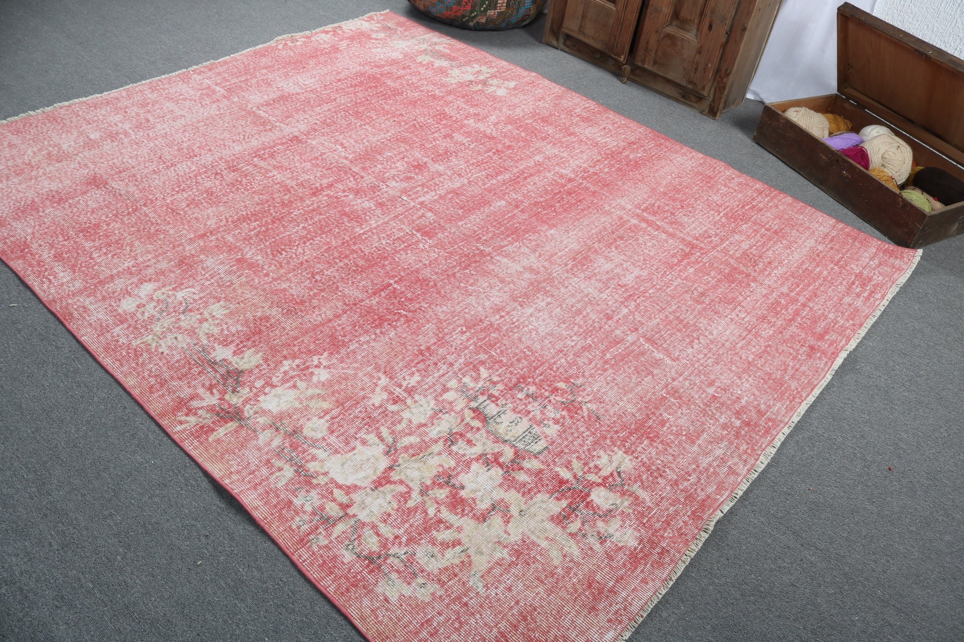 Salon Halısı, Vintage Halı, 6.6x7.9 ft Büyük Halı, Yer Halısı, Türk Halısı, Oturma Odası Halıları, Pembe Yatak Odası Halıları, Yemek Odası Halıları, Boho Halısı