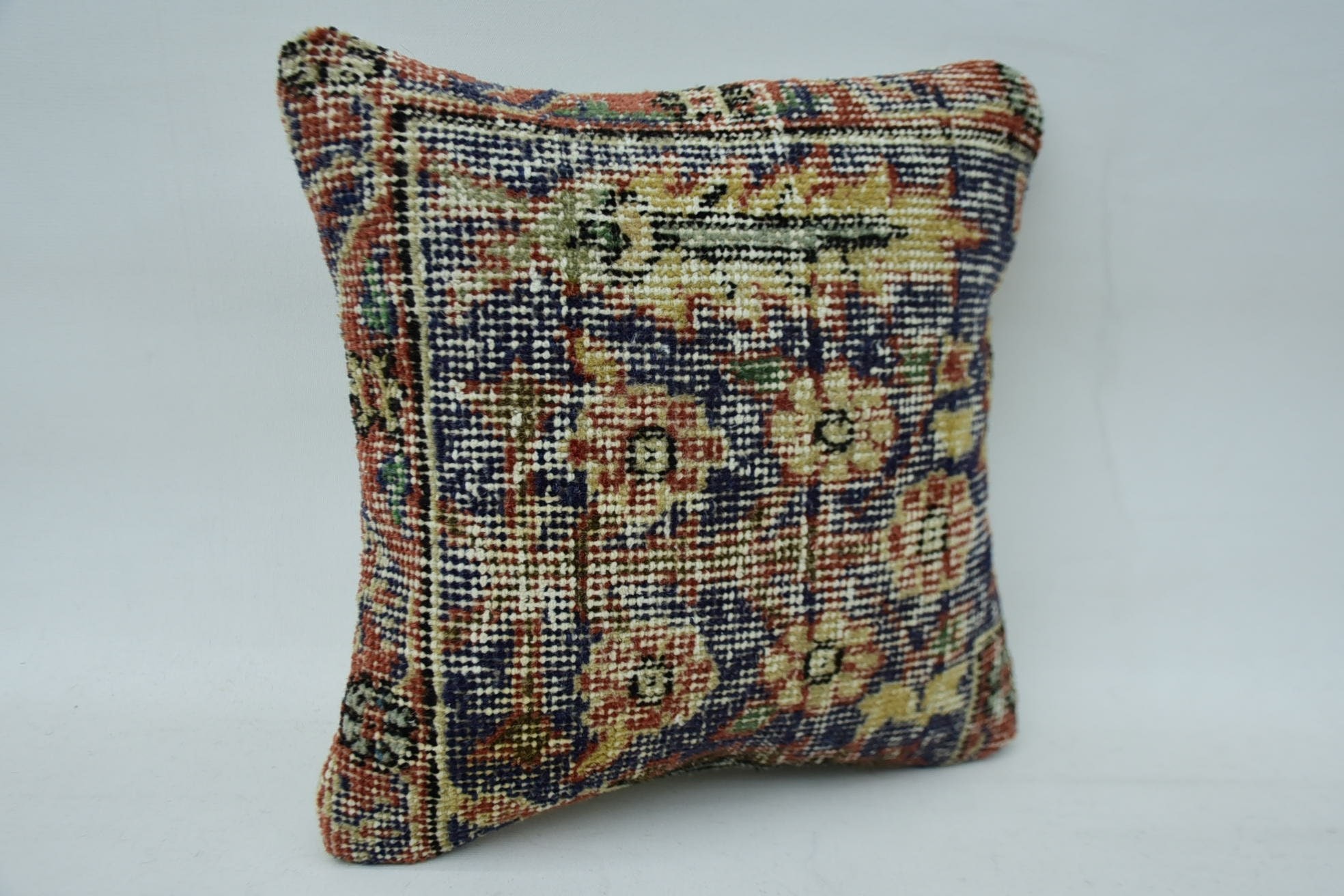 Kilim Pillow, 12"x12" Blue Pillow Cover, Anatolian Cushion Cover, Vintage Pillow, Bolster Throw Pillow, Boho Pillow Sham Cover