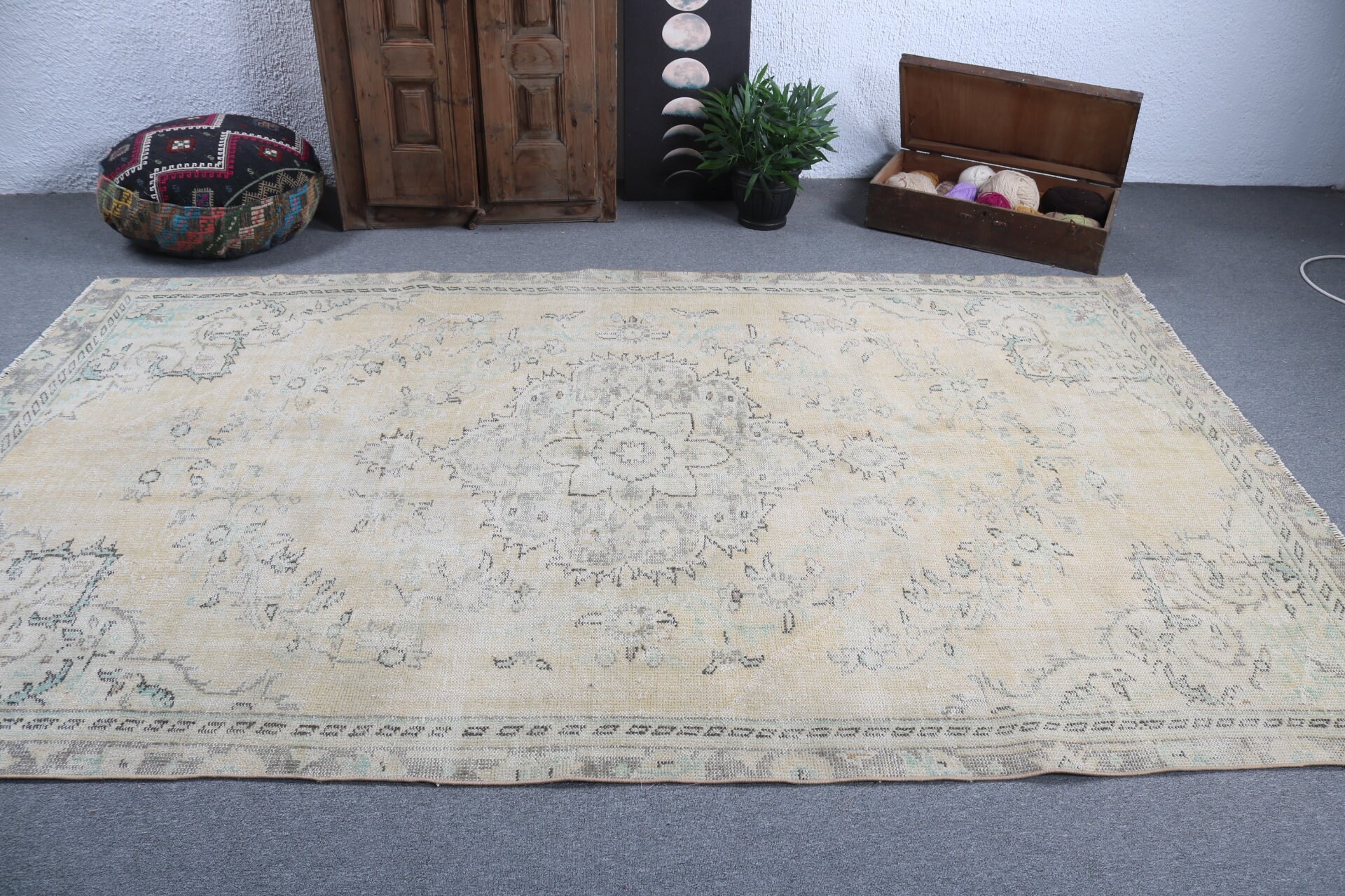 Oturma Odası Halısı, Vintage Halılar, El Dokuma Halılar, Sarı Nötr Halılar, 5.9x9.9 ft Büyük Halılar, Türk Halısı, Büyük Oushak Halıları, Antika Halı