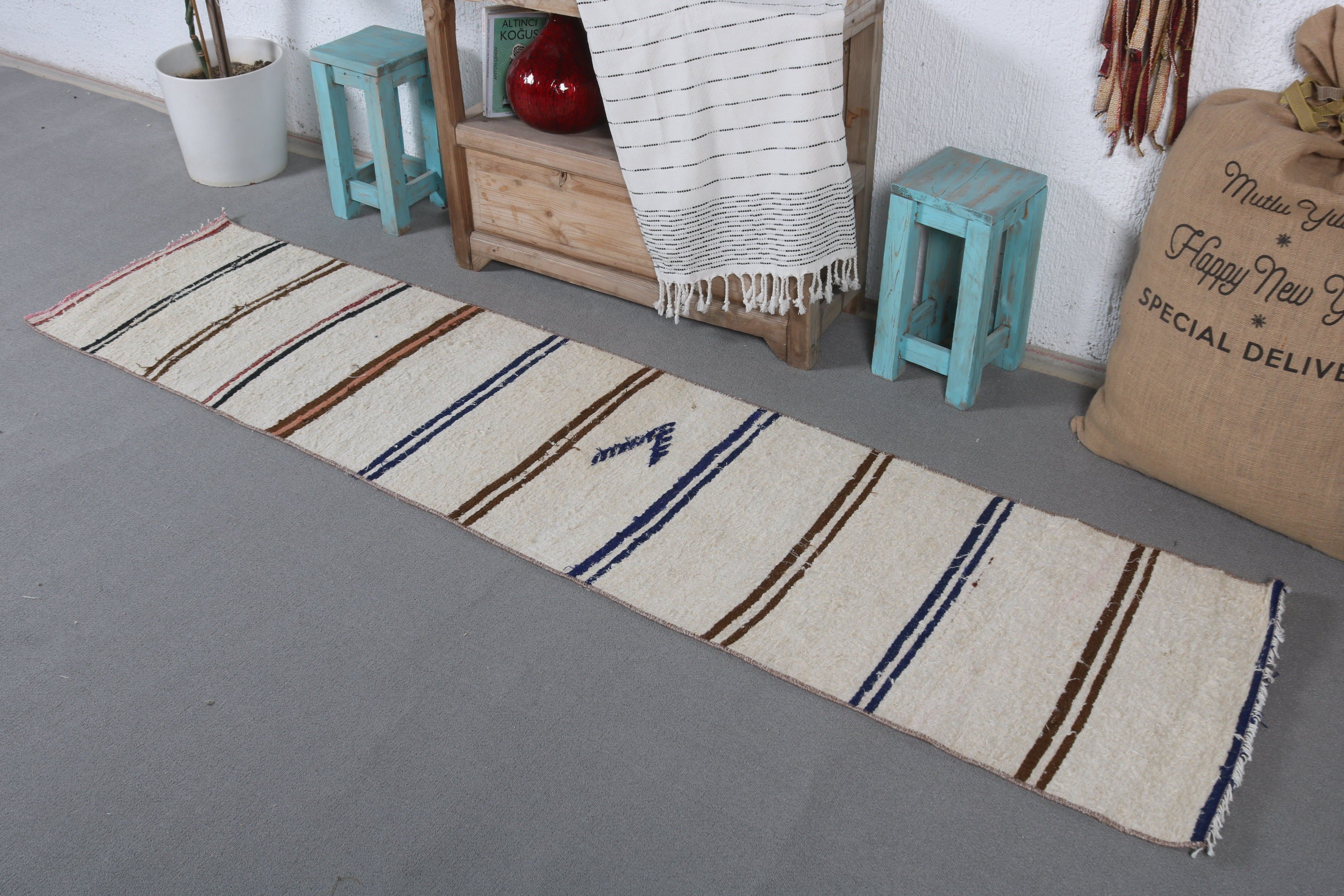 Turkish Rugs, White Bedroom Rug, Bedroom Rug, Rugs for Hallway, 1.7x7.3 ft Runner Rug, Vintage Rug, Floor Rug, Ethnic Rug, Corridor Rug