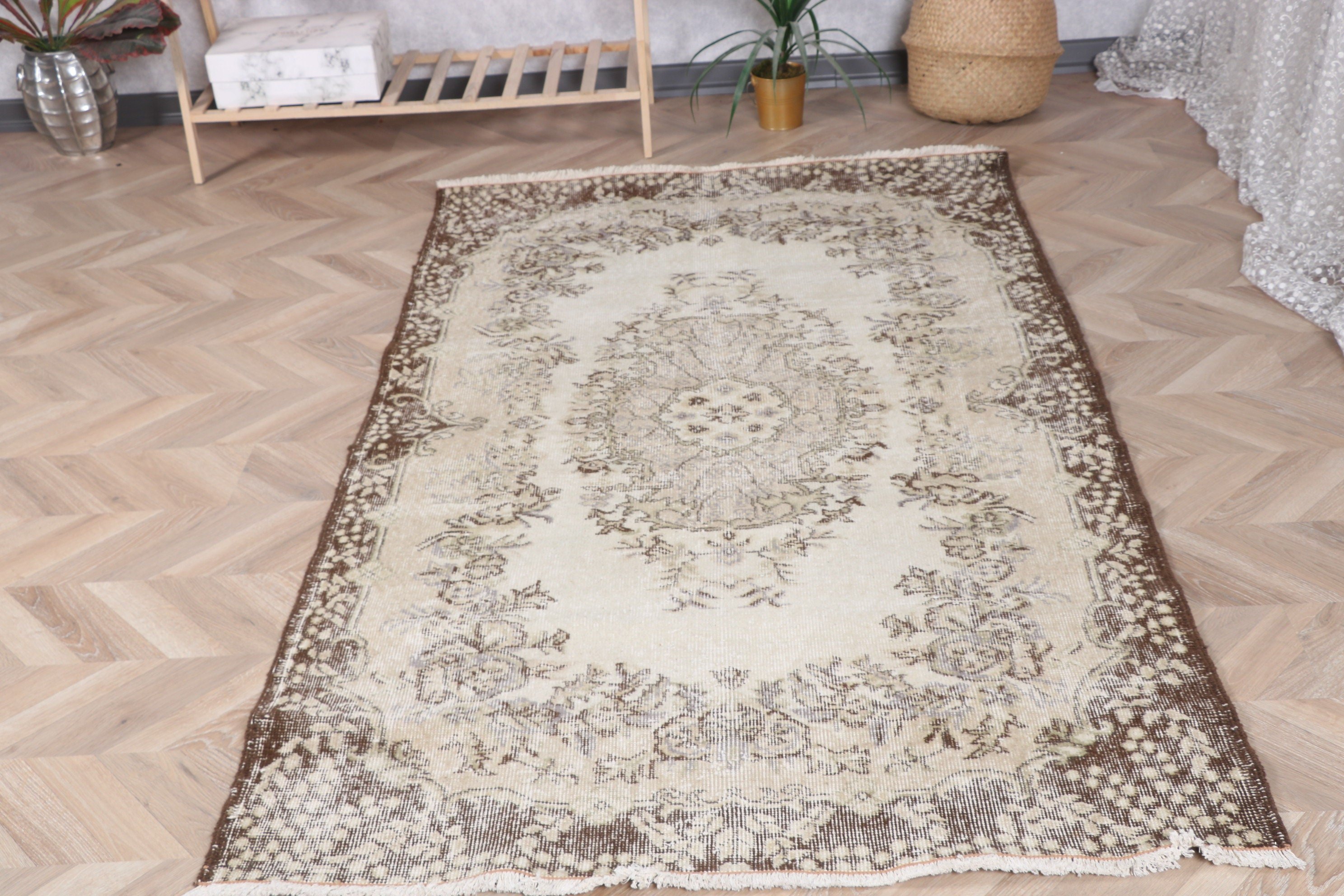 Bej Mutfak Halısı, Vintage Halı, Ev Dekorasyonu Halıları, Düz Dokuma Halılar, 3,9x6,8 ft Alan Halıları, Türk Halısı, Vintage Alan Halıları, Boho Alan Halısı