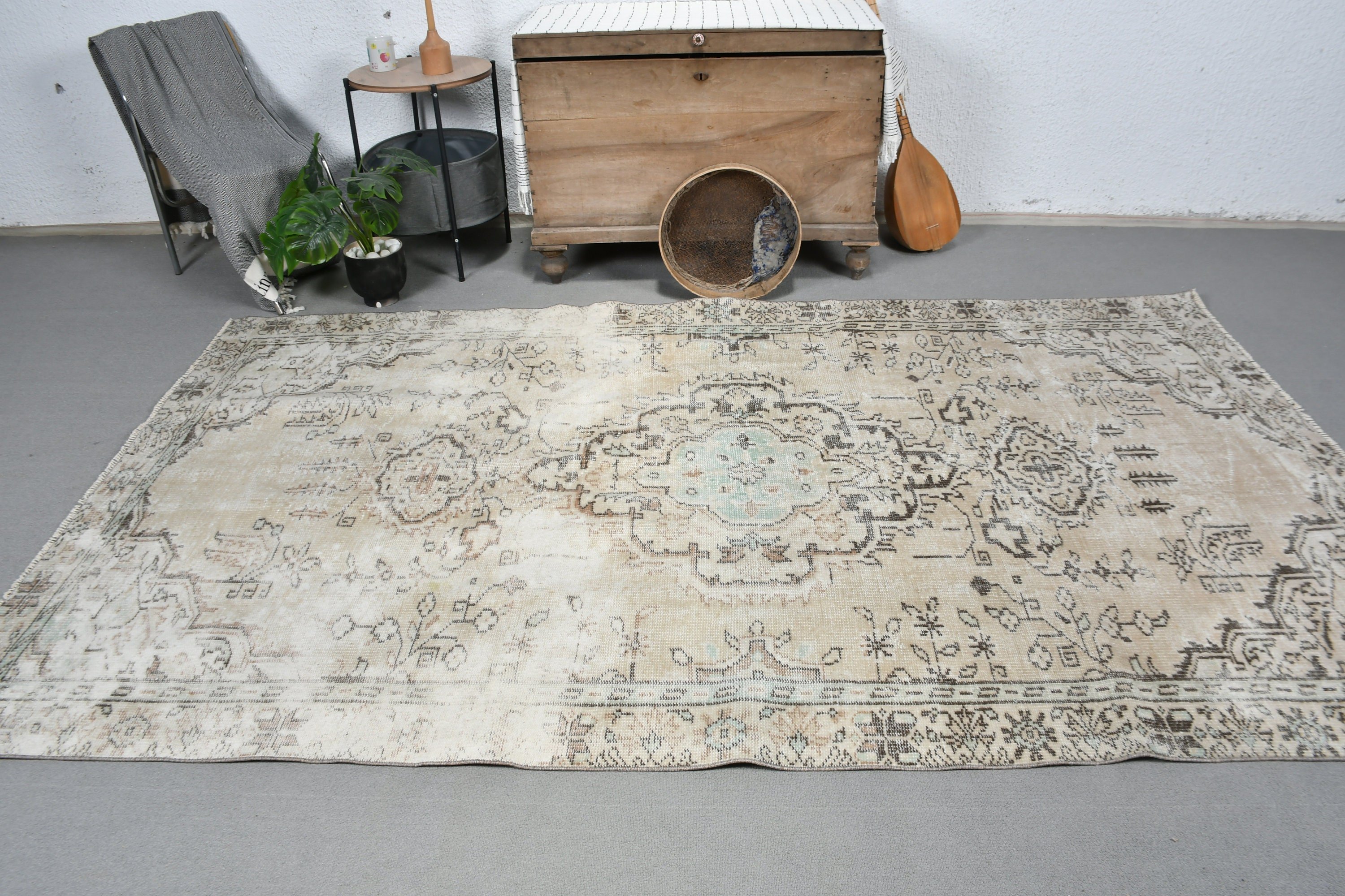 Türk Halısı, Boho Halısı, Salon Halıları, Yemek Odası Halısı, Sanat Halısı, Oushak Halısı, Bej Soğuk Halı, Vintage Halılar, 5,6x9,4 ft Büyük Halılar