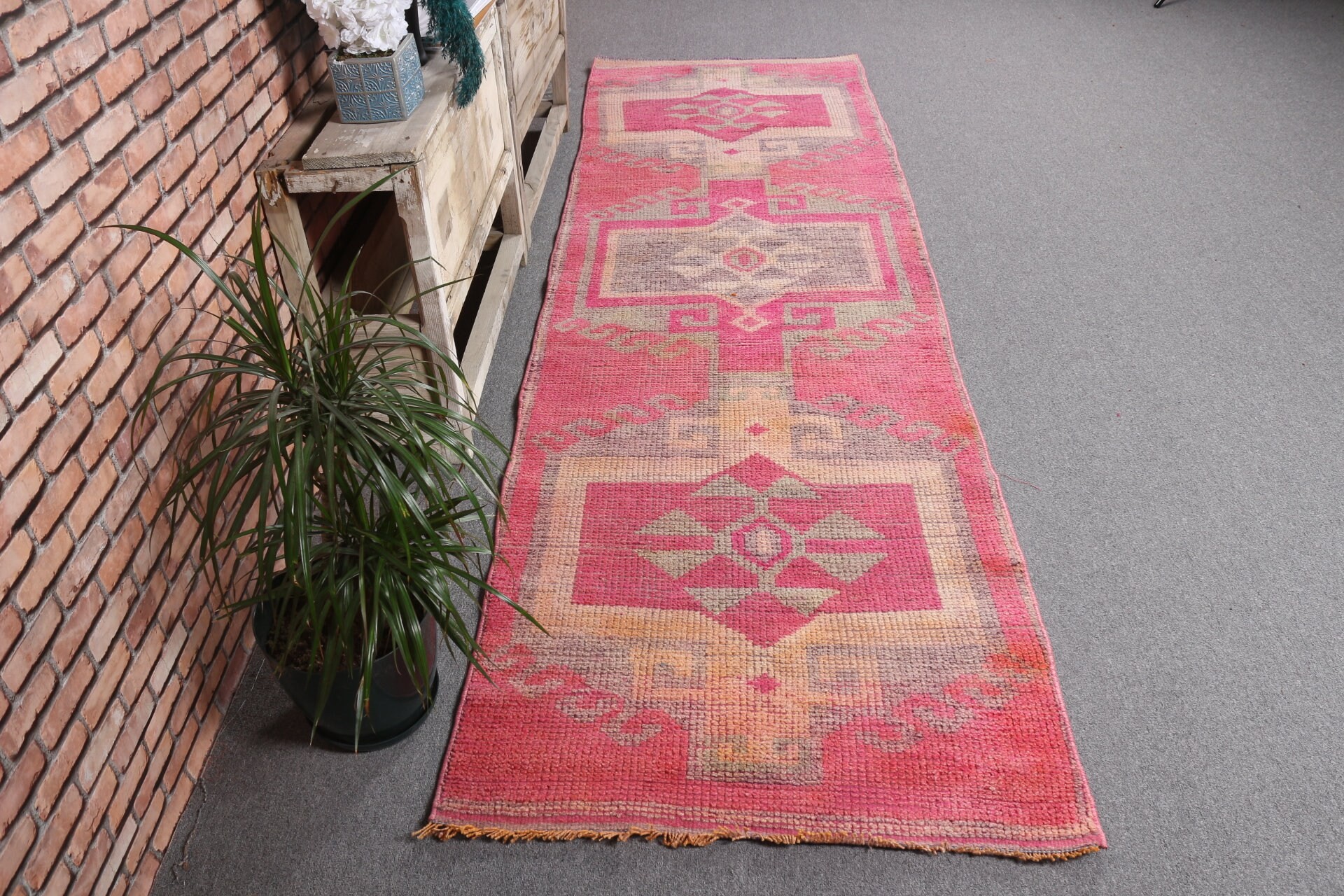 Oriental Rug, 3x9.6 ft Runner Rugs, Oushak Rugs, Turkish Rug, Corridor Rug, Vintage Rug, Pink Bedroom Rug, Rugs for Kitchen, Muted Rug