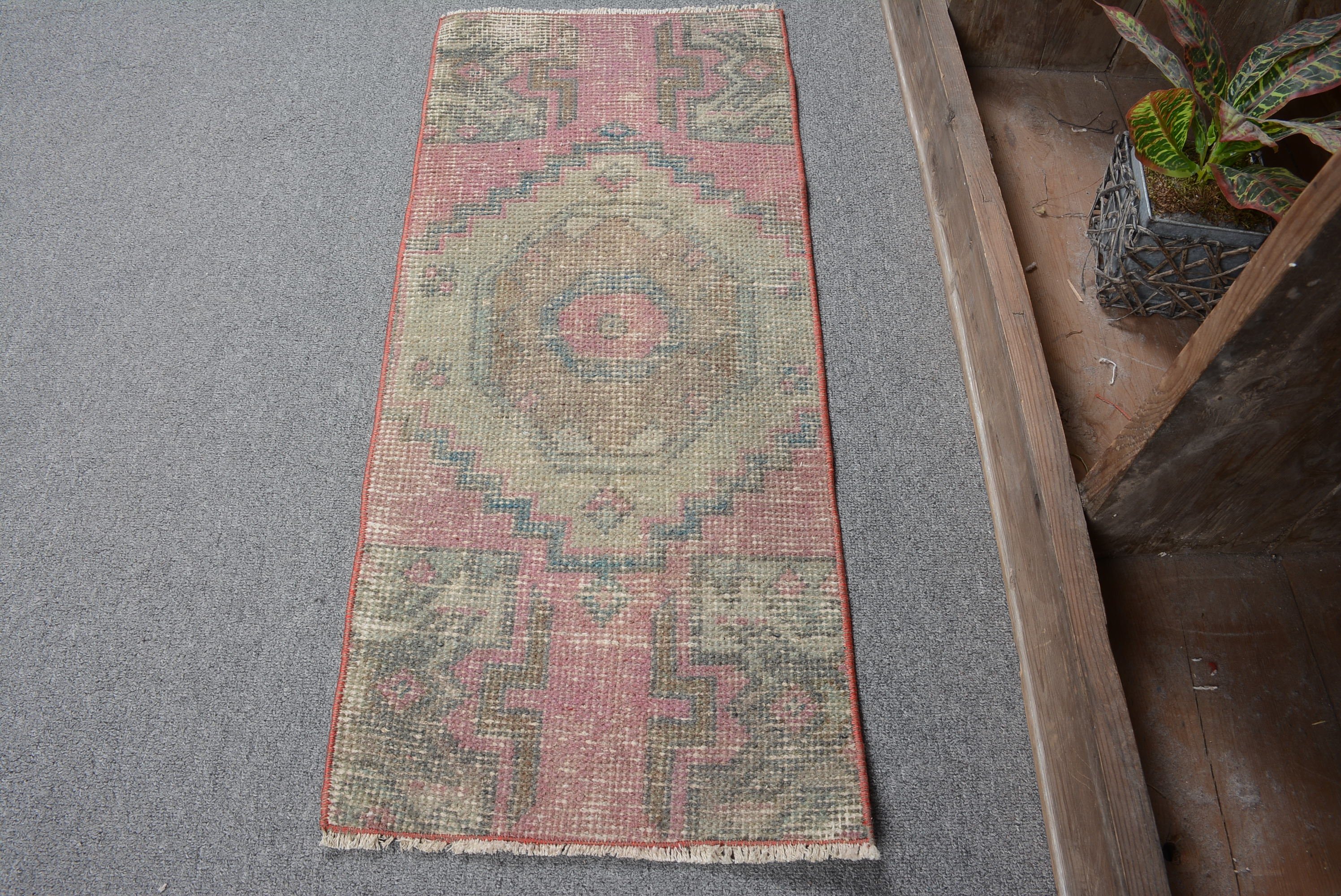 Turkish Rug, Bedroom Rug, Pink Bedroom Rug, Vintage Rug, 1.2x2.8 ft Small Rug, Antique Rug, Rugs for Kitchen, Entry Rug, Bathroom Rug