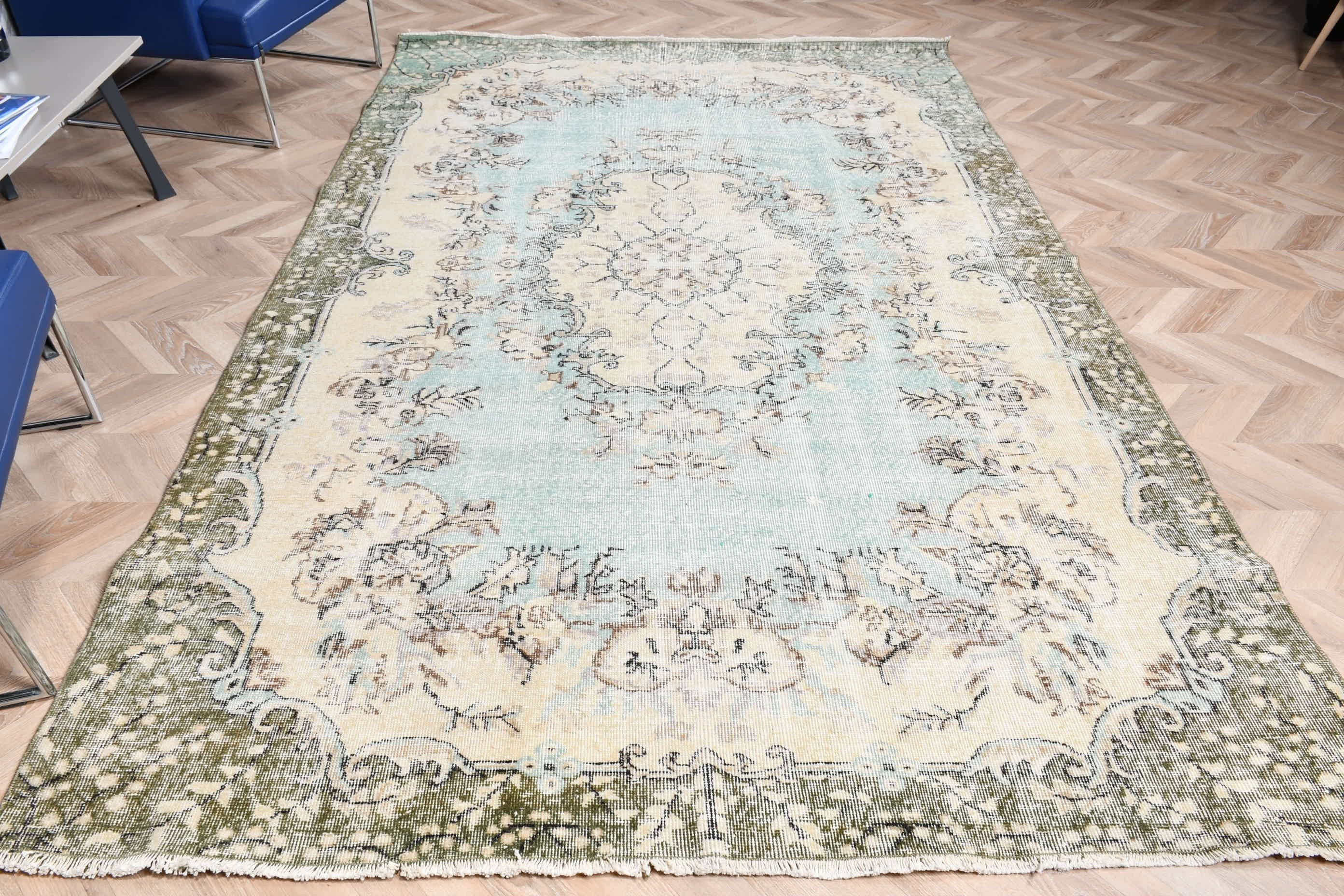 Yeşil Oryantal Halı, Salon Halısı, Anadolu Halısı, Vintage Halı, Yer Halıları, Oturma Odası Halısı, Türk Halıları, 6.3x9.9 ft Büyük Halı, El Yapımı Halı