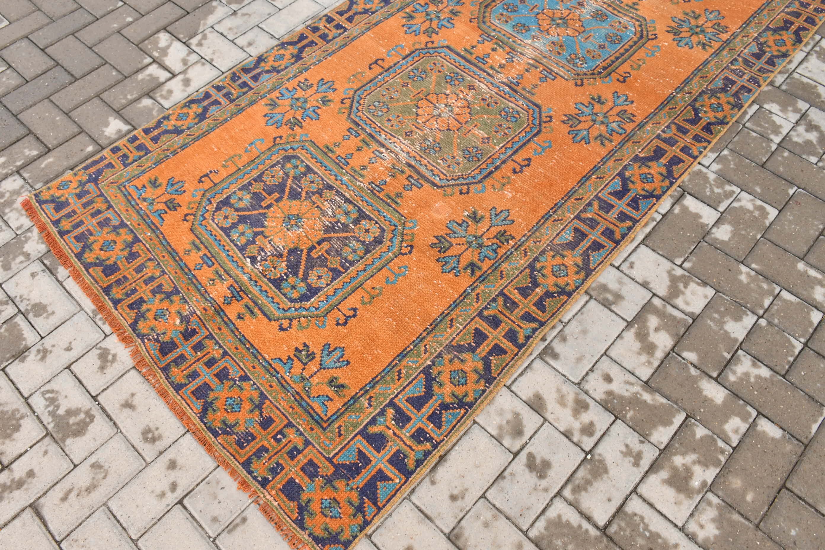 Türk Halısı, Vintage Halı, 3.9x10.1 ft Runner Halıları, Oryantal Halı, Koridor Halıları, Merdiven Halısı, Turuncu Ev Dekor Halısı