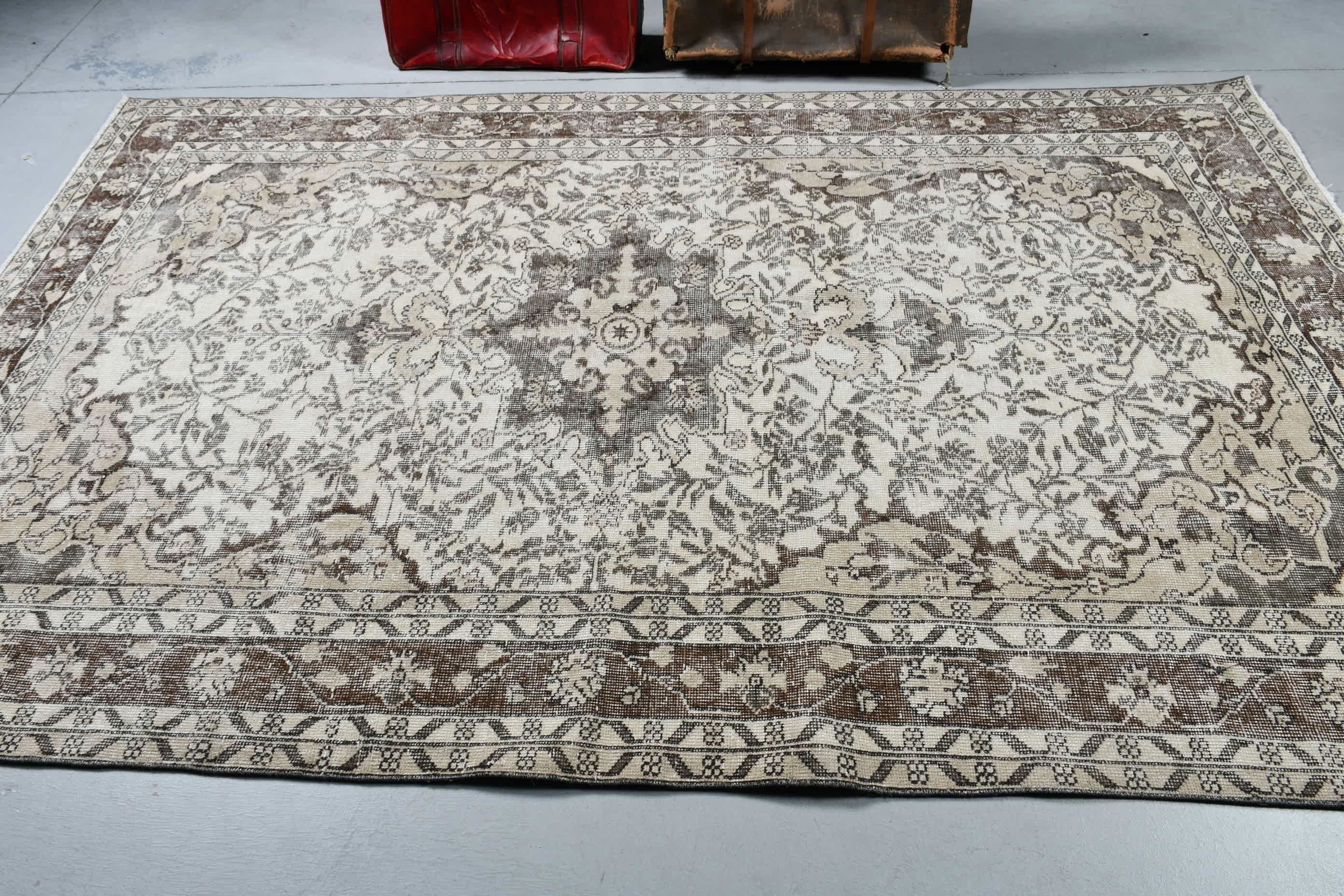 Yer Halısı, Vintage Halı, Bej Zemin Halısı, Soluk Halılar, Salon Halıları, Yurt Halısı, 5,7x9,2 ft Büyük Halı, Yemek Odası Halıları, Antika Halı, Türk Halısı