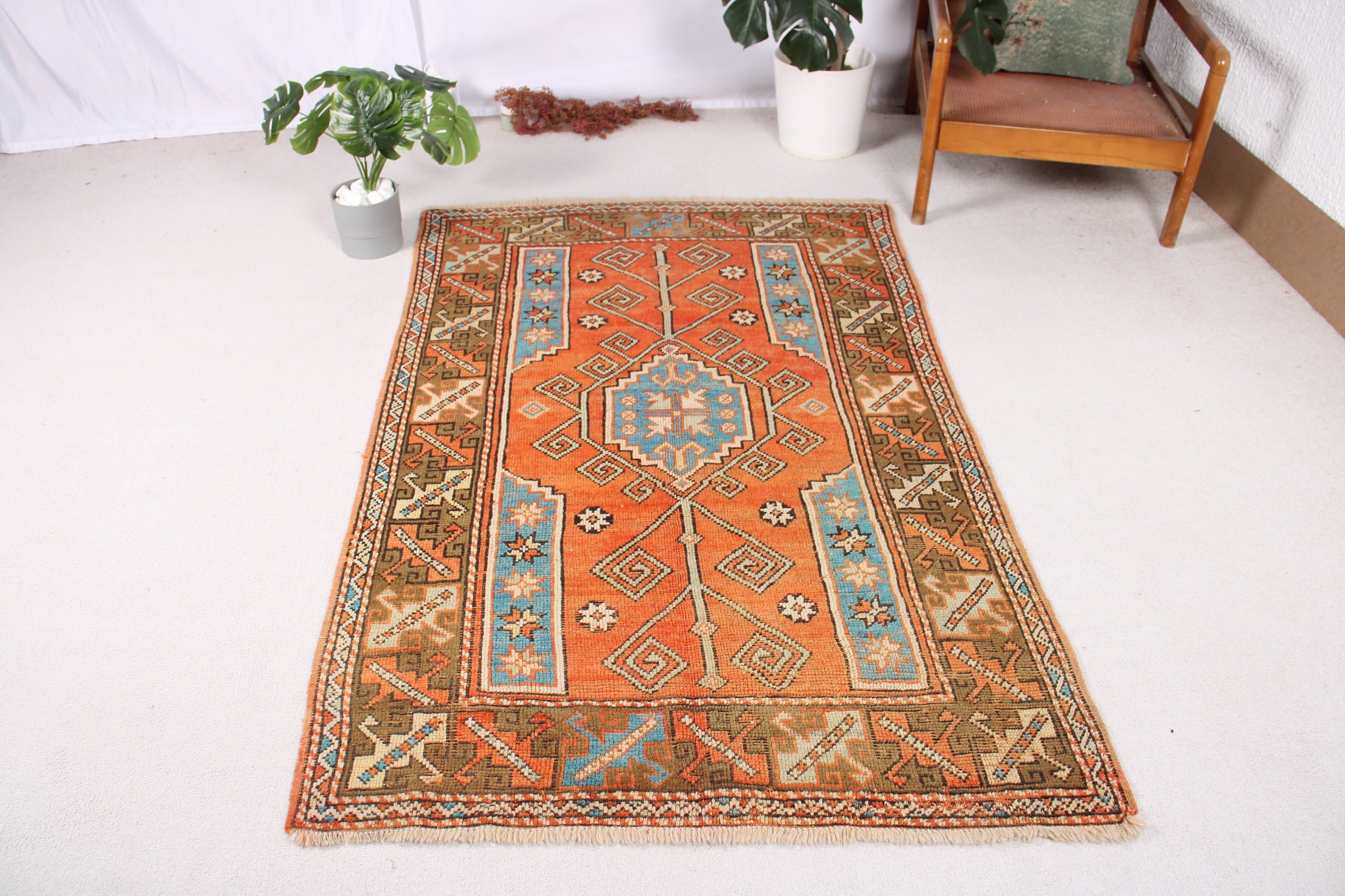 Floor Rugs, Vintage Rug, 3.8x6 ft Accent Rugs, Modern Rugs, Turkish Rugs, Entry Rugs, Orange Cool Rugs, Rugs for Boho Accent