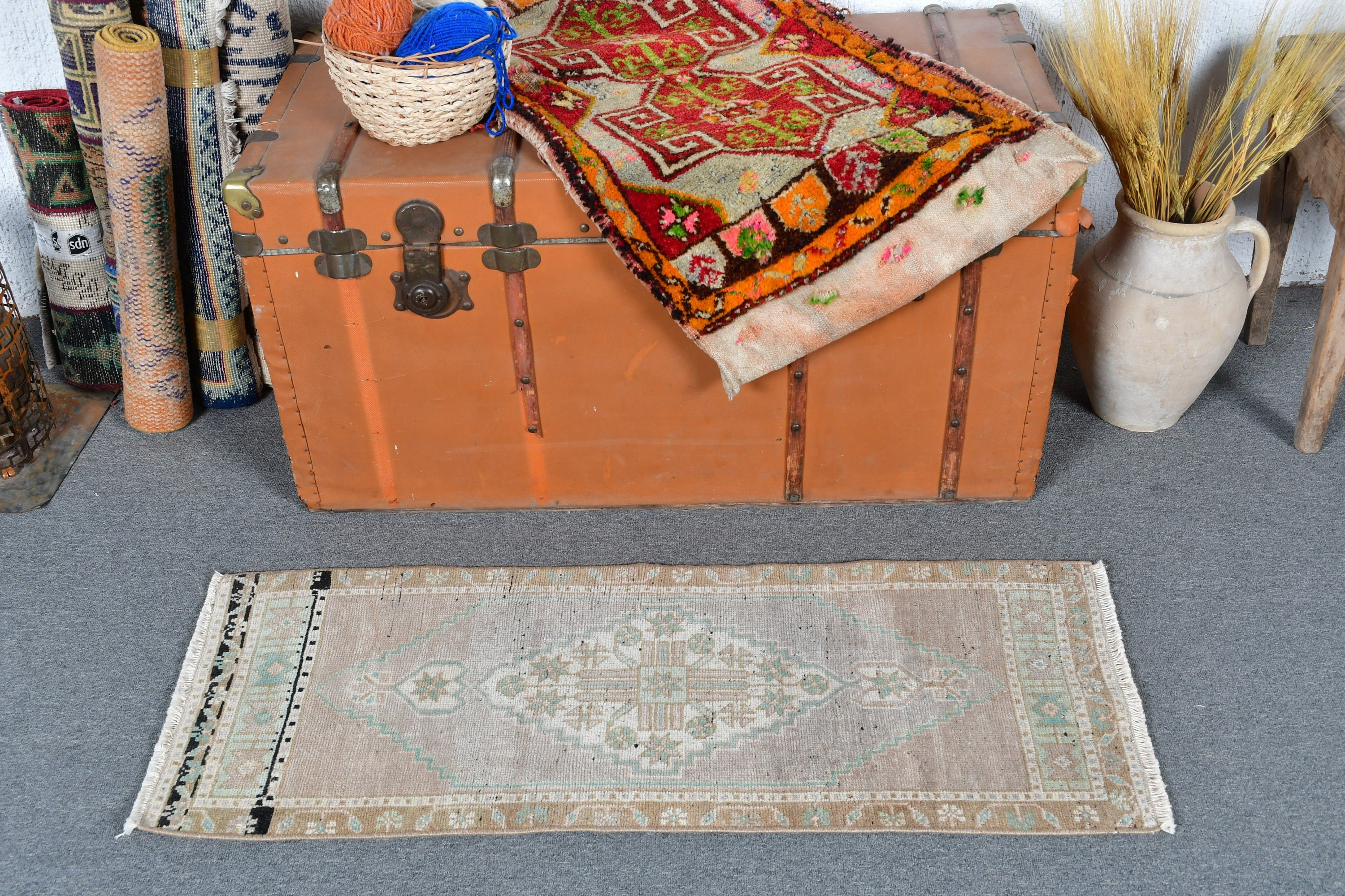 Anatolian Rug, Turkish Rug, Moroccan Rugs, Brown Antique Rug, Bedroom Rugs, Vintage Rugs, Kitchen Rug, 1.4x3.5 ft Small Rugs, Art Rug